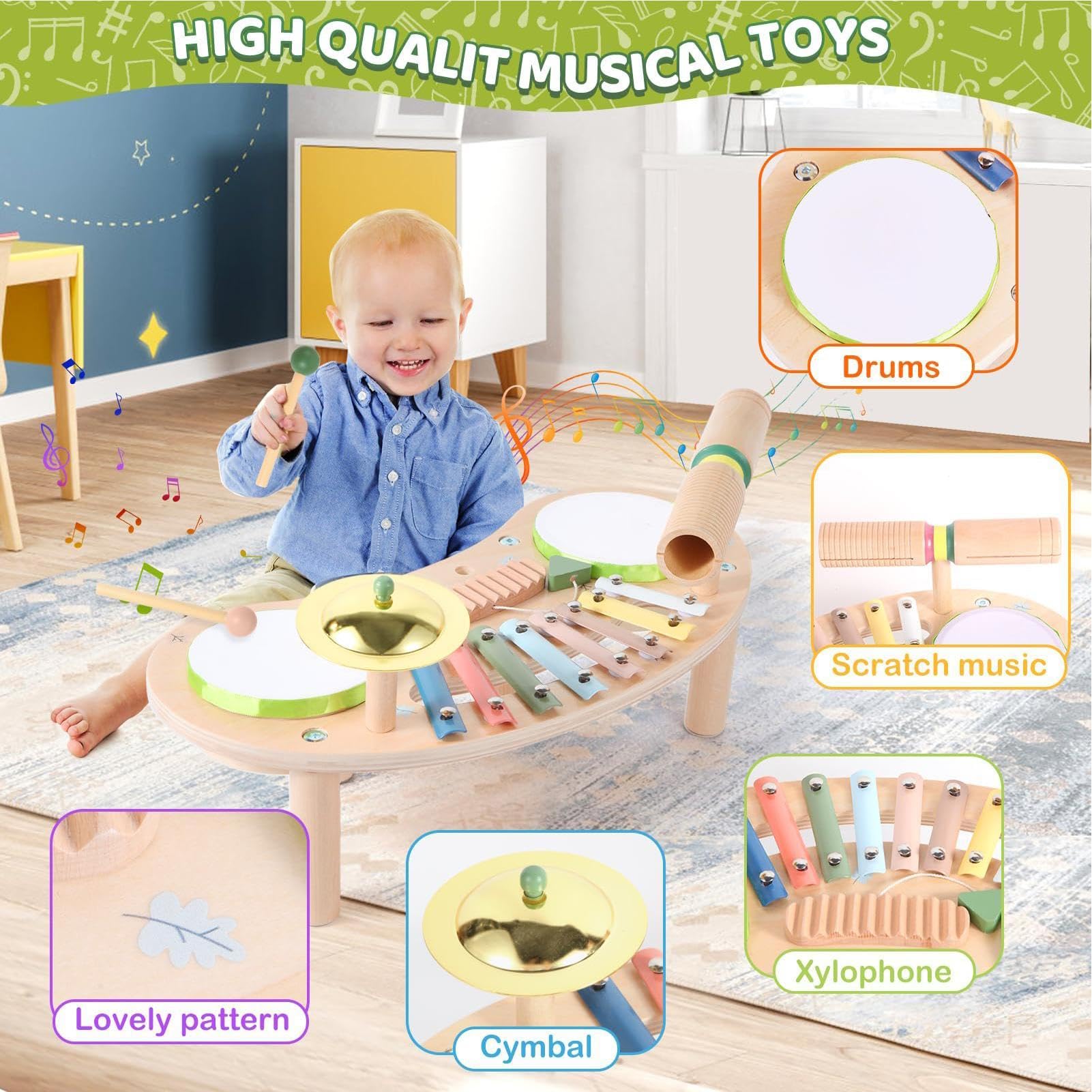 Juego de Batería para Niños Xilófono de Madera 7 en 1 para Niños | Juguete Sensorial Musical Para Casa, Guardería, Colegio, Educación en Casa, Cumpleaños, Vacaciones