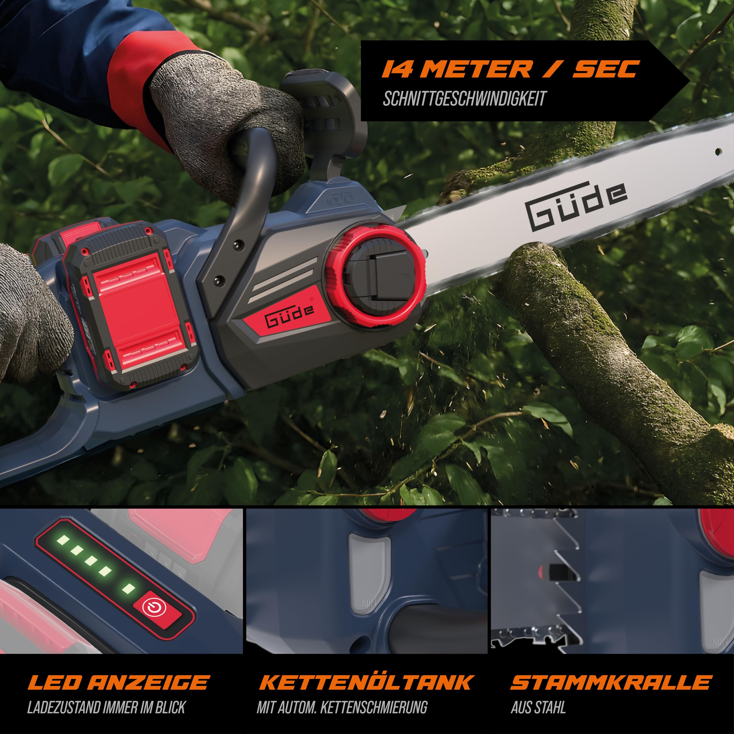 Güde KS 36.2-0 Tronçonneuse sans fil Li-Ion 36 V Moteur Brushless Longueur de coupe 35 cm Vitesse de chaîne max. 14 m/s Système de serrage rapide de la chaîne Lubrification sans batteries ni chargeur
