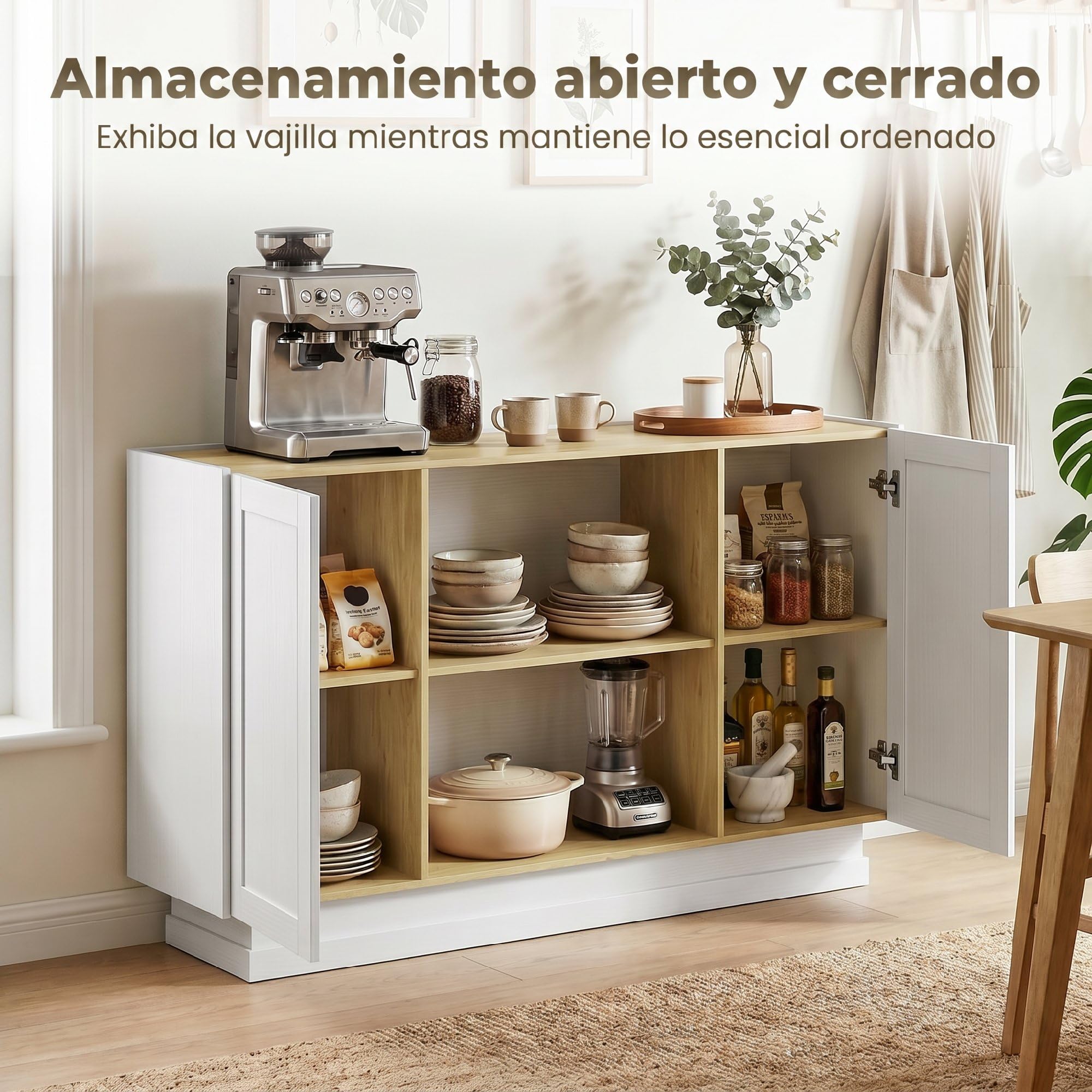 HOMCOM Aparador con 2 Estantes Abiertos 133x35x79,7 cm Natural y Blanco | Armario de Cocina Moderno, 2 Puertas de Cierre Suave, Mueble de TV para 60 Pulgadas, para Salón, Comedor