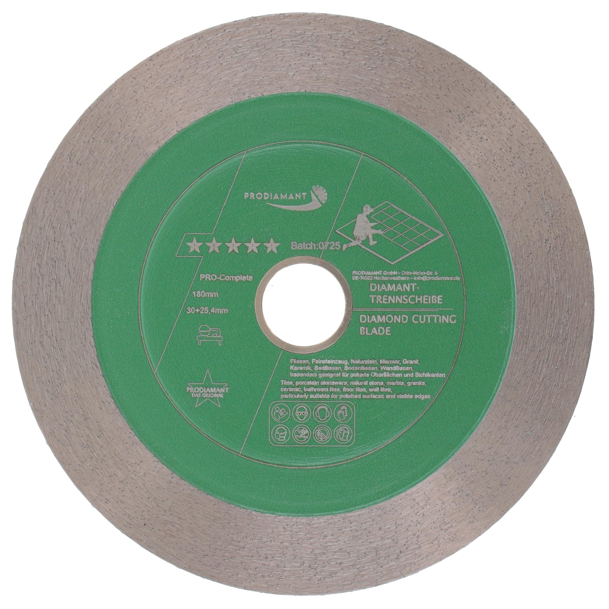 PRODIAMANT PRO-Complete Diamentowa tarcza do płytek, 180 mm x 30 mm, z pierścieniem redukcyjnym do 25,4 mm, do płytek, gresu porcelanowego, ceramiki, kamienia naturalnego – segment kanapkowy 25 mm