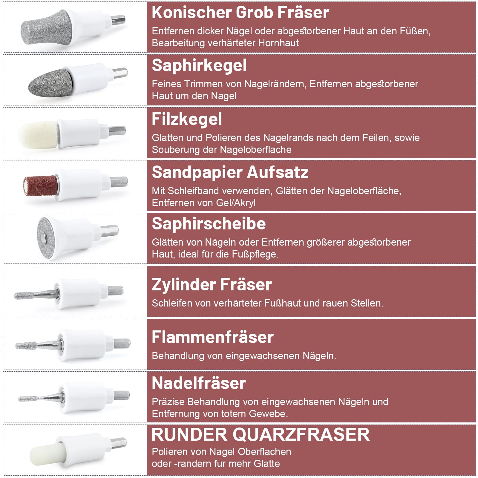 AOMEES - Juego de fresas de uñas eléctricas para manicura y pedicura, con 9 cabezales para el cuidado de las uñas, con 5 velocidades, luz LED, bolsa de almacenamiento