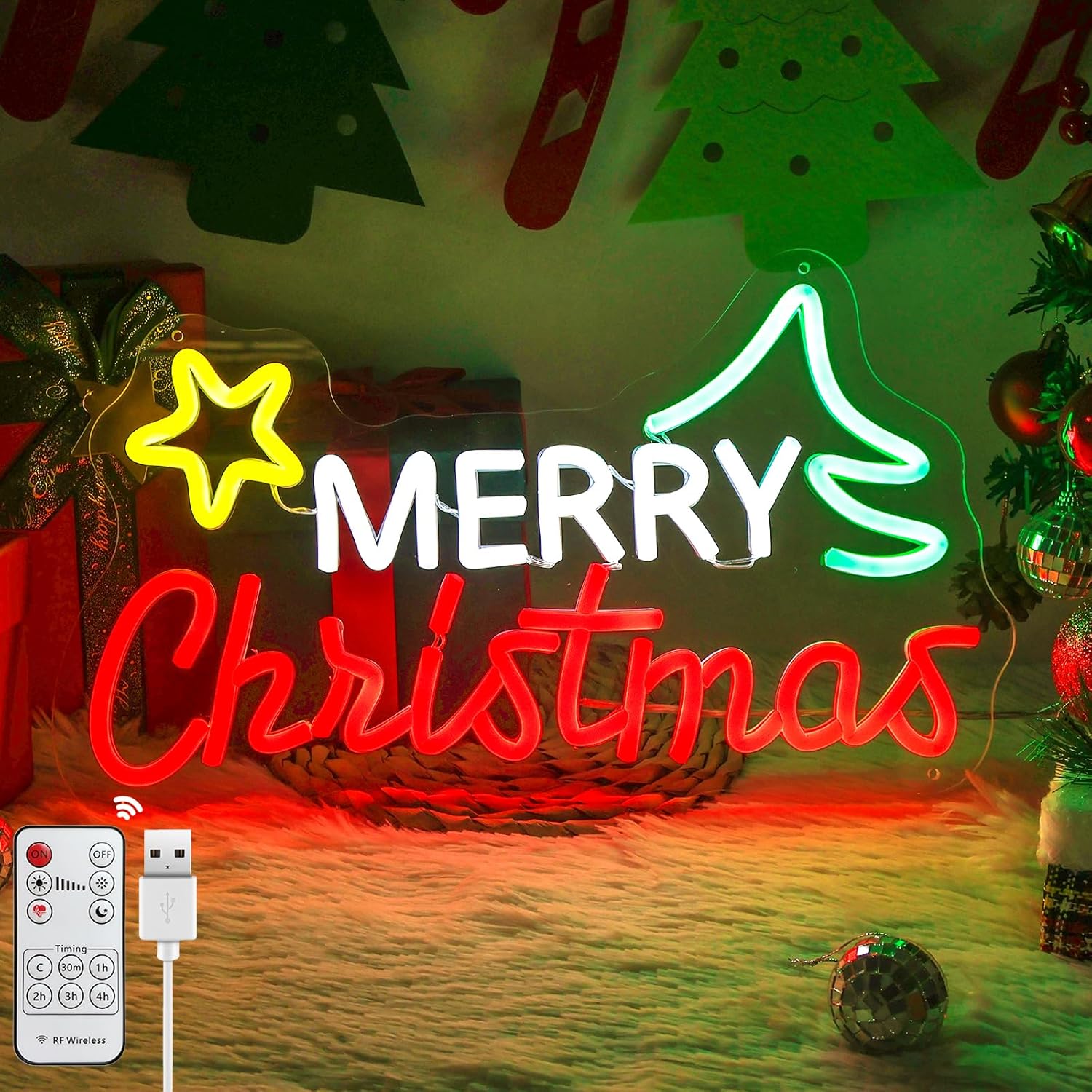 Merry Christmas Neon Sign with Remote, LED Christmas Tree Neon Signs for Wall Decor, Dimmable Timing Neon Lights for Xmas Gifts Kids Room New Year Party Bedroom Decoration, USB Powered 15''x8.6''