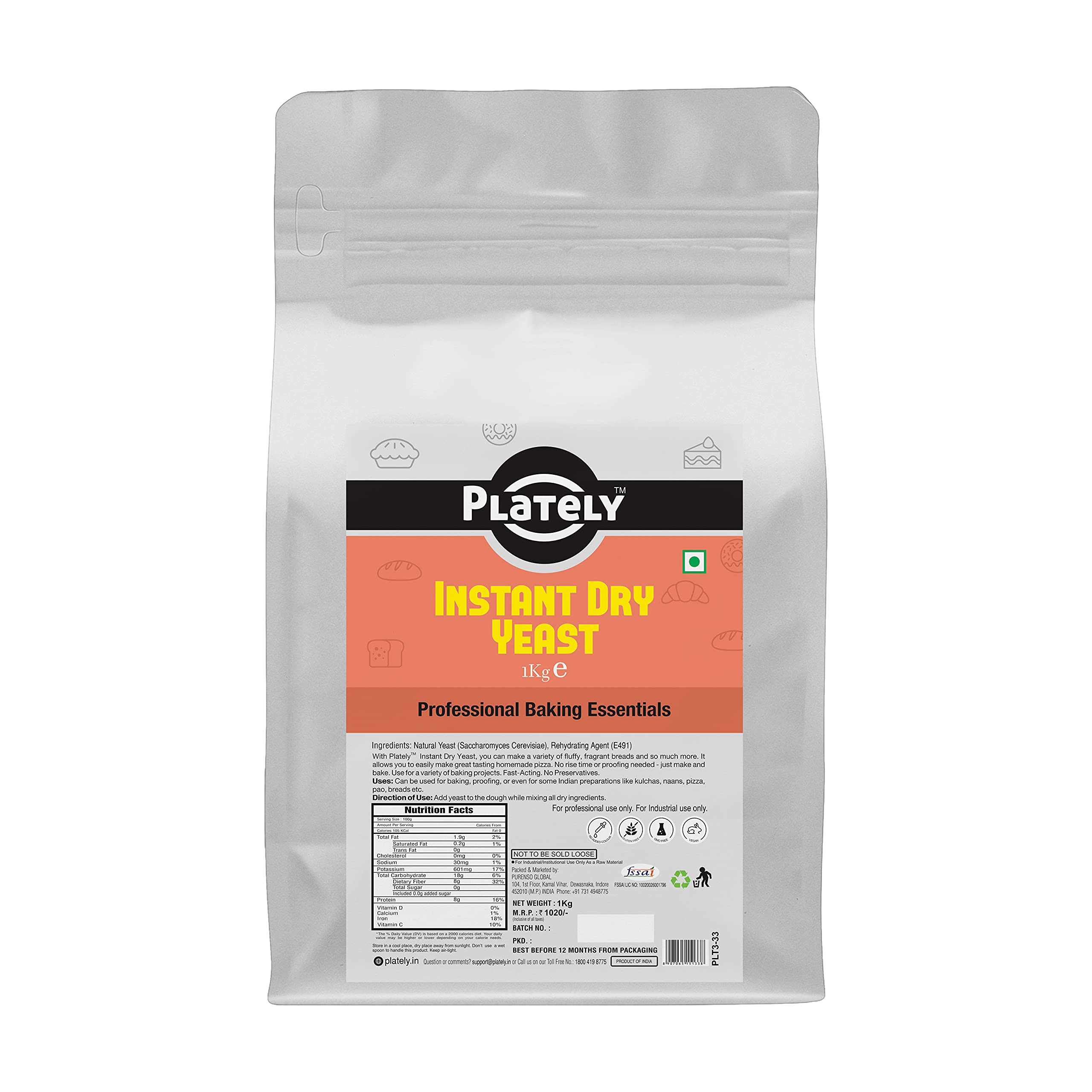 Plately - Instant Dry Yeast, 1Kg I for Pizza Base & Baking | Wine, naan in Pantry