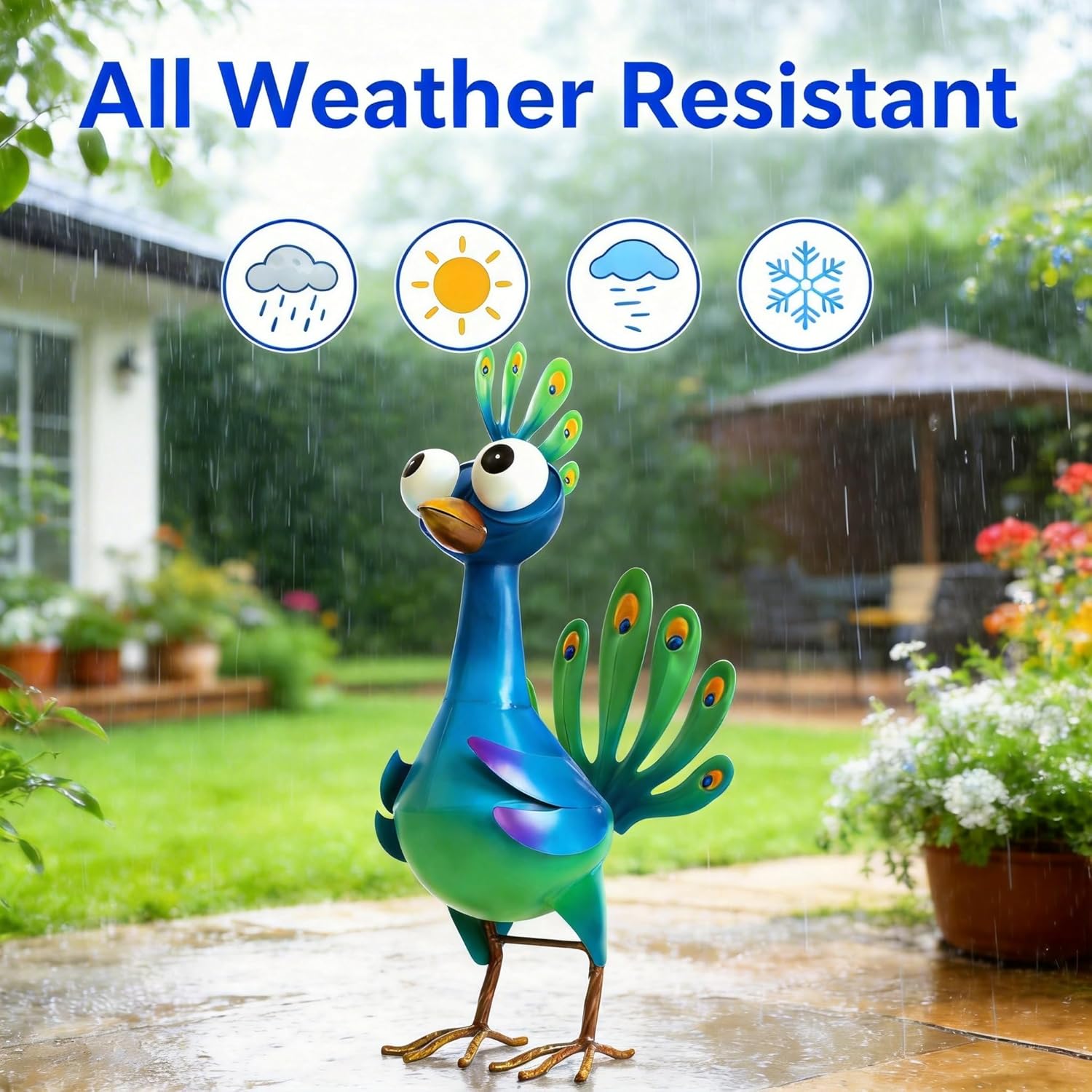 Metal Peacock Statue Garden Decor Cartoon Peacock with Bobbling Eyes Yard Art Lawn Patio Decoration Outdoor Sculpture for Housewarming Birthday Wedding