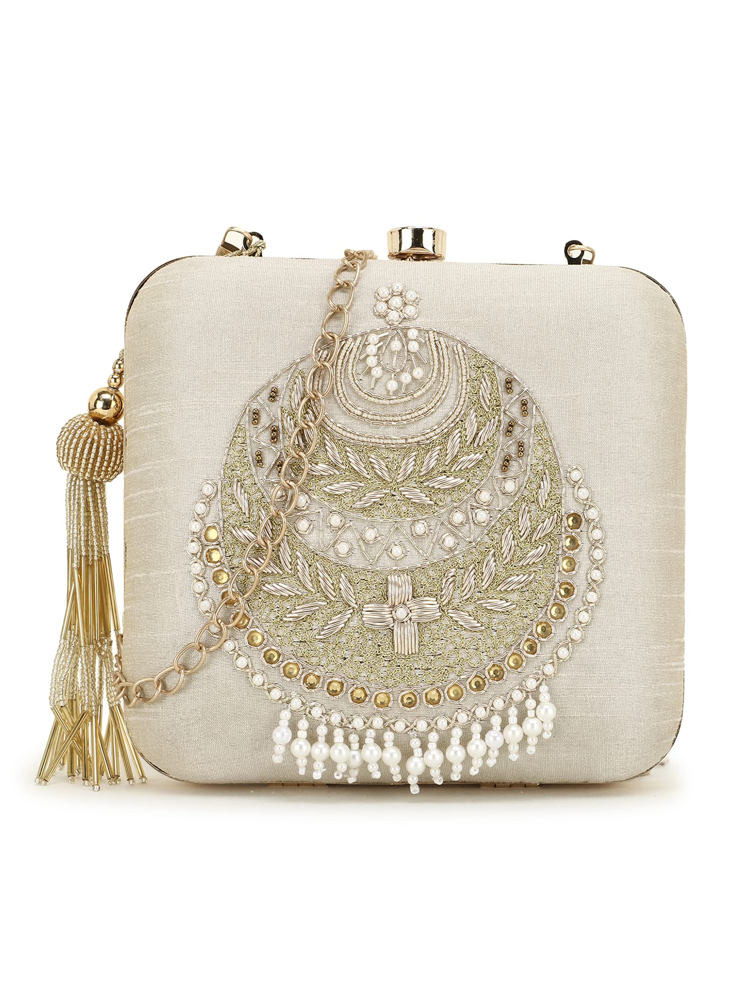 Vista Off White & Gold Embellished Faux Silk Clutch-image-6