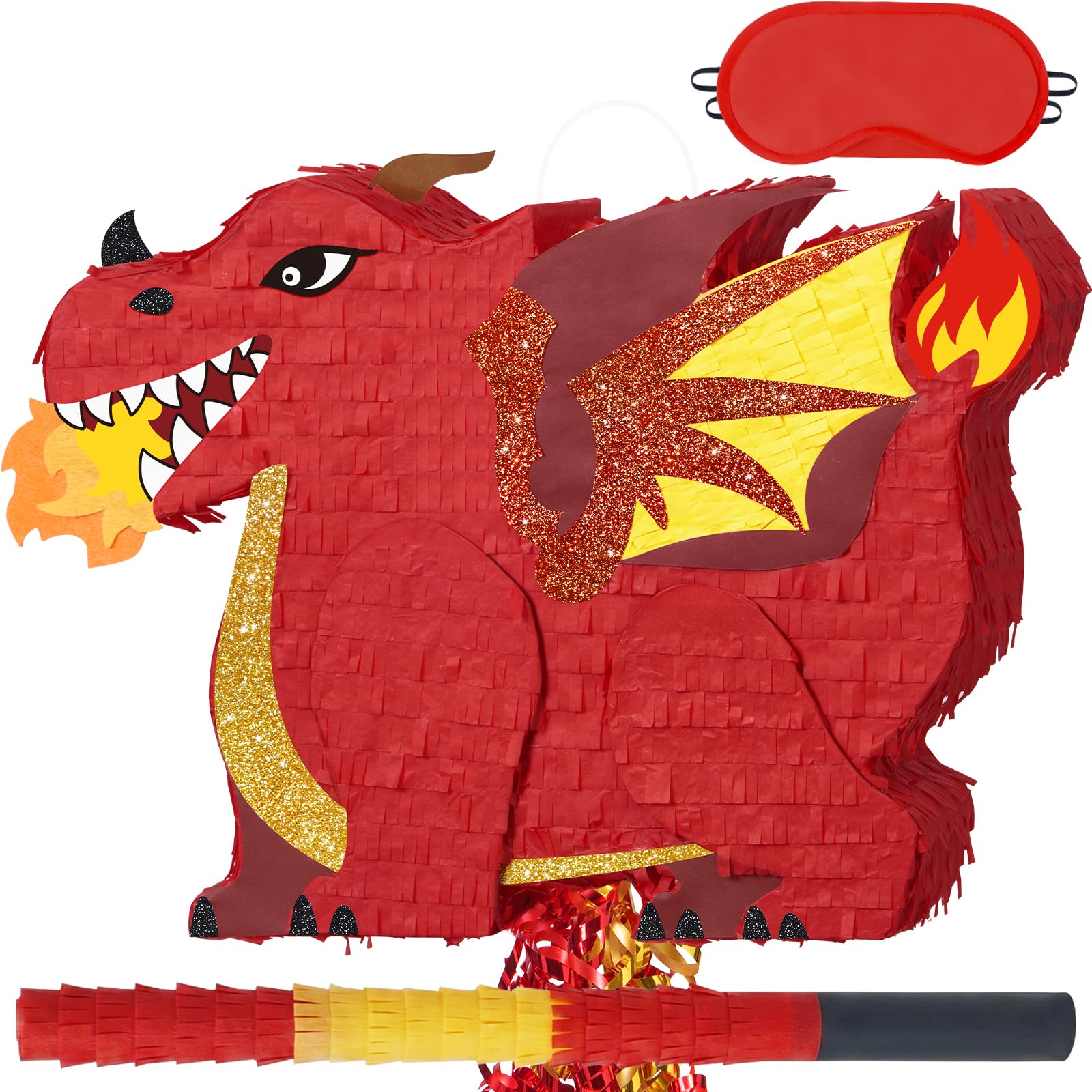 WERNNSAI Red Fire Dragon Pinata - Medieval Knight Dragon Party Decorations Red Dragon Pinata with Stick and Blindfold for Fantasy Medieval Birthday Supplies — image 1