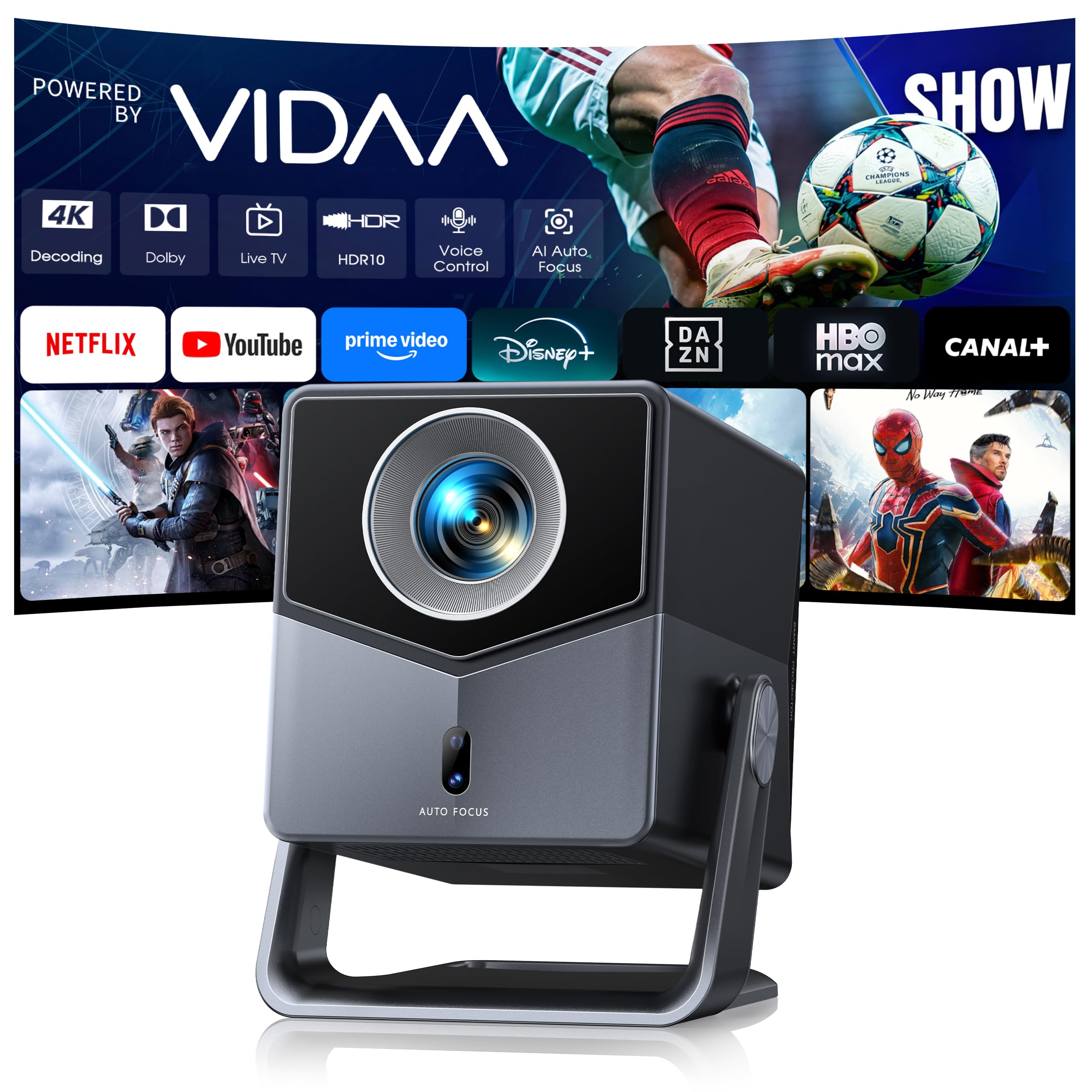Proyector 4K【Netflix Integrado/TV en Directo/Dolby Audio】VIDAA, el SO más rápido, 1400 ANSI, FHD 1080P, Auto Focus y Keystone, Control por Voz, Bluetooth 5.4, Rotación 200°, Proyector para Exteriores