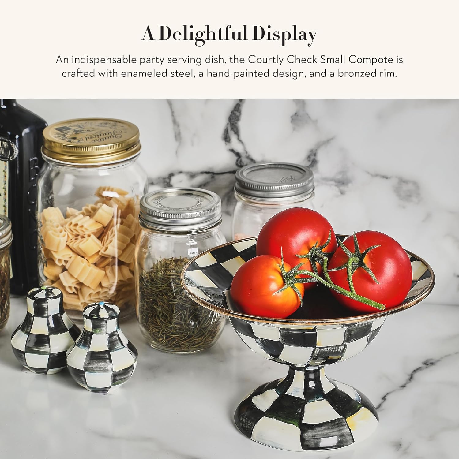 MACKENZIE-CHILDS Enamel Compote, Cute Enamel Pedestal Serving Dish or Decorative Bowl, Small, Black-and-White Courtly Check