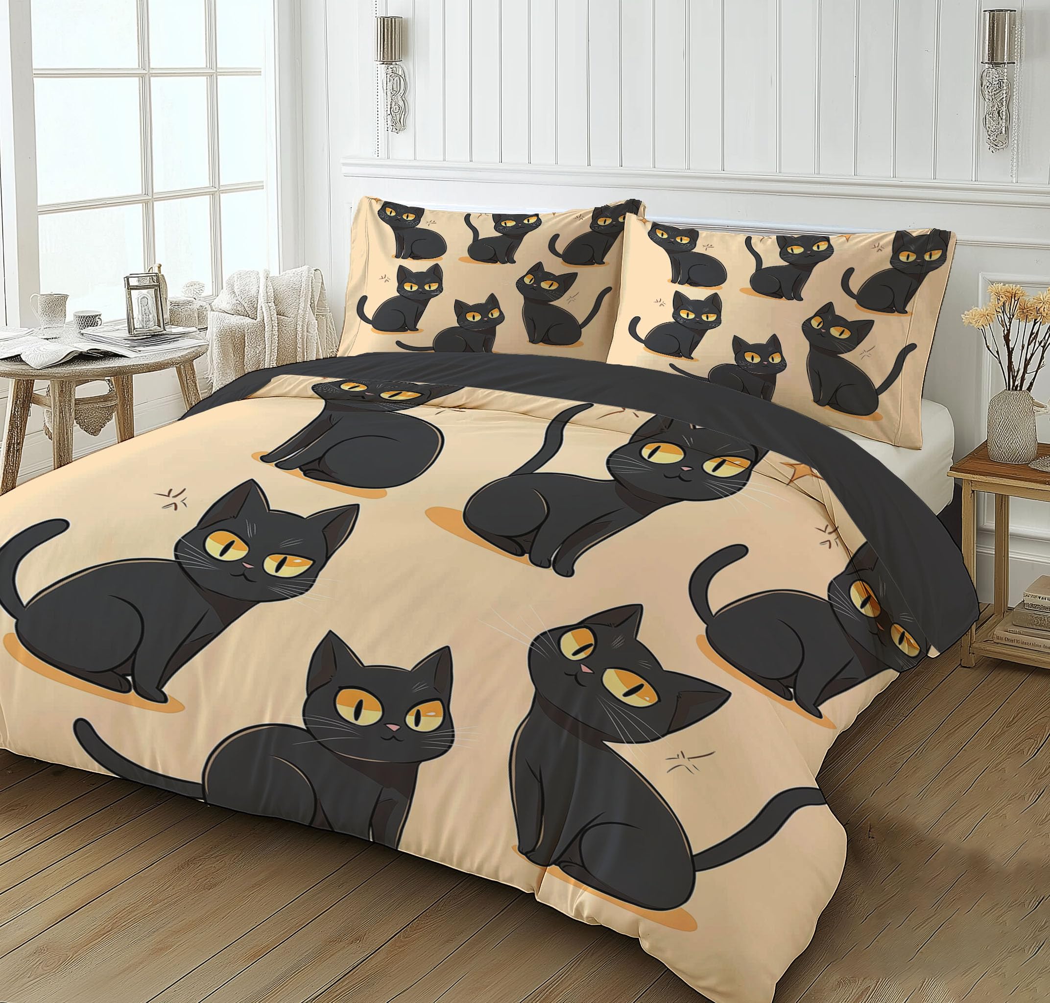 Gato Negro Sencillo Juego de Funda Nórdica 3 Piezas Cama 105 Microfibra Extra Suave Transpirable, Animales Funda Edredón 200x200cm y 2 Fundas de Almohada 50x75 cm