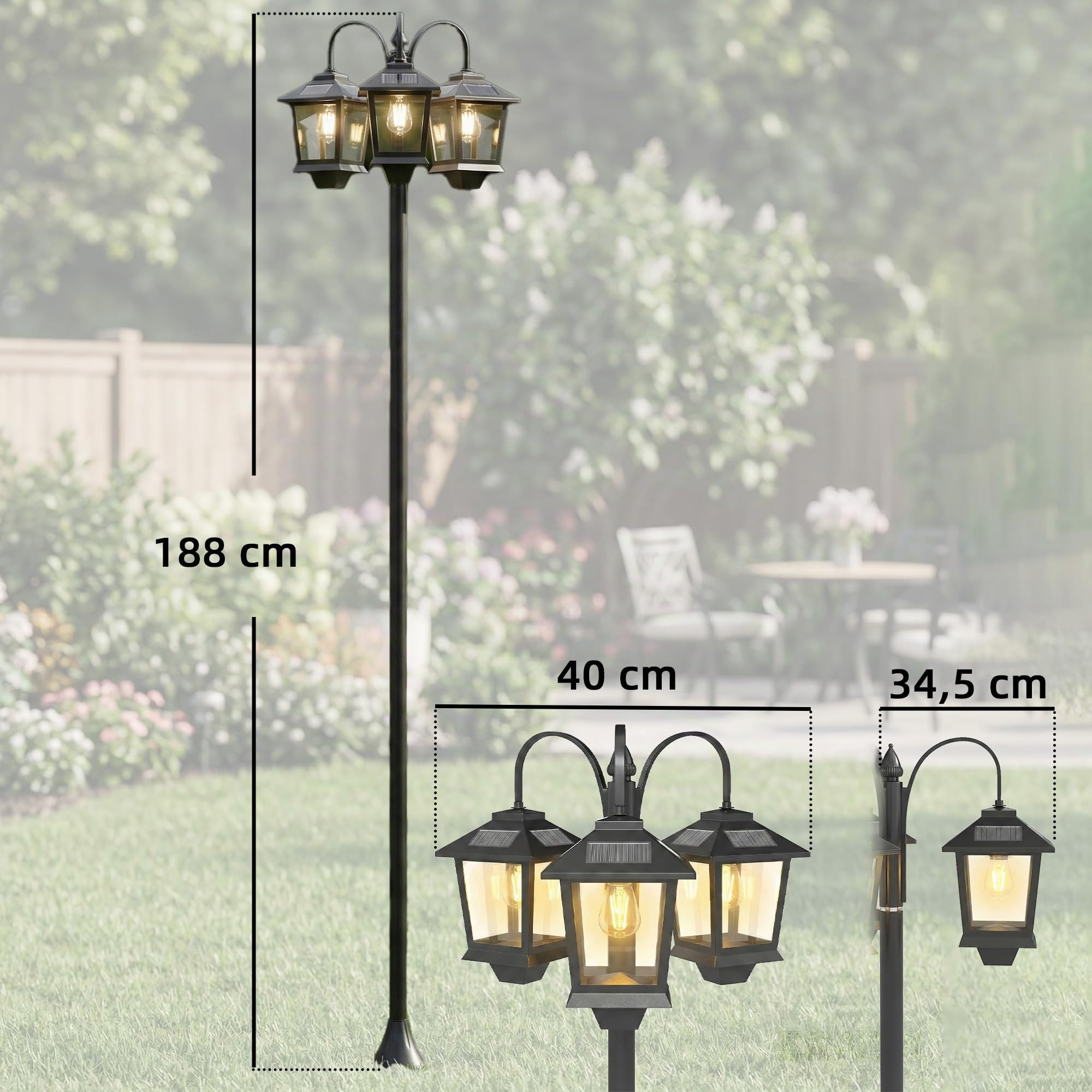 Outsunny Lampadaire extérieur sur pied à 3 têtes LED IP44 188 cm Noir