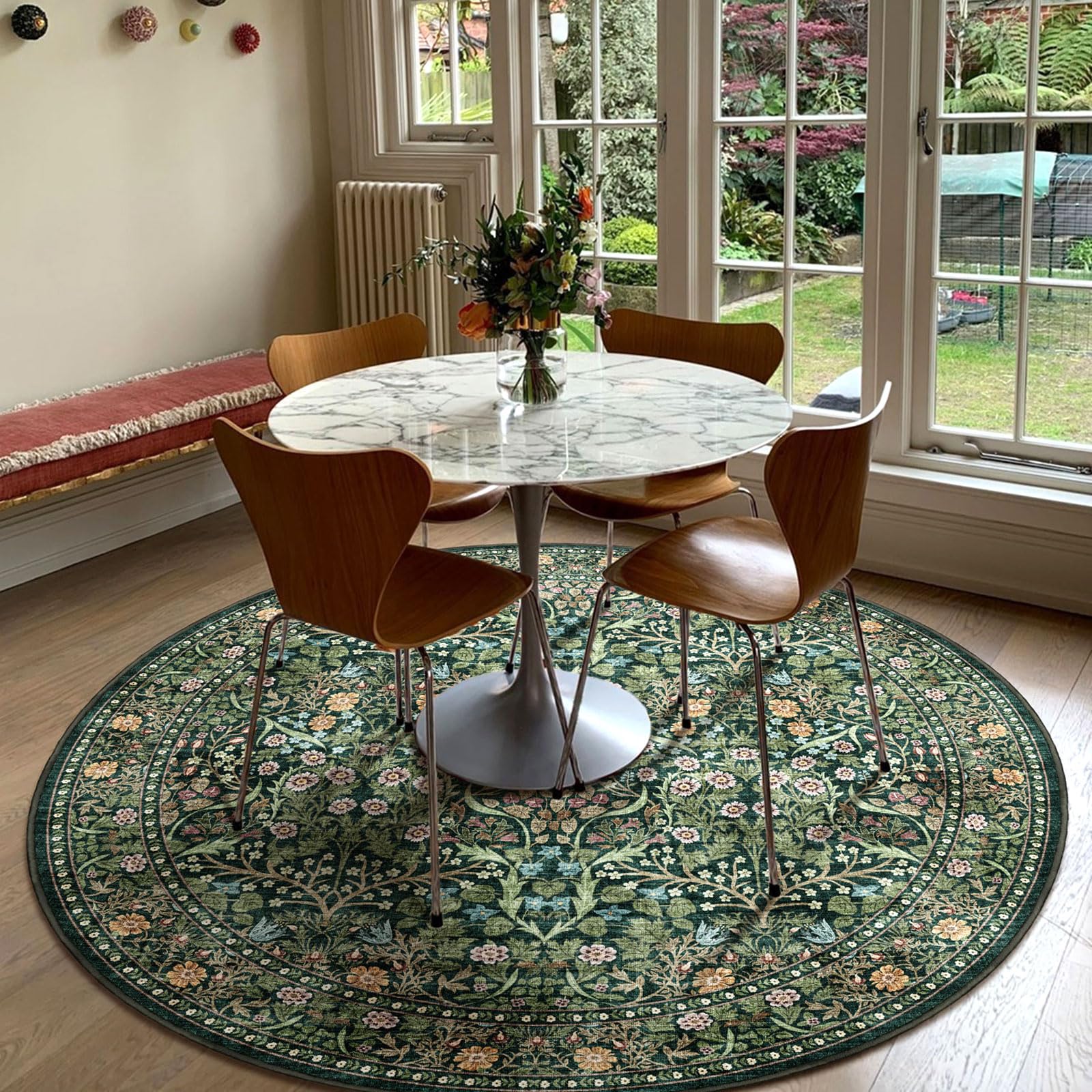 Grüner runder Teppich, weich, waschbar, Boho-Stil, Blumenmuster, rund, Badezimmerteppich, rutschfest, 12,7 x 12,7 cm, Vintage, botanischer Kreis, für Wohnzimmer, Schlafzimmer, Eingangsbereich