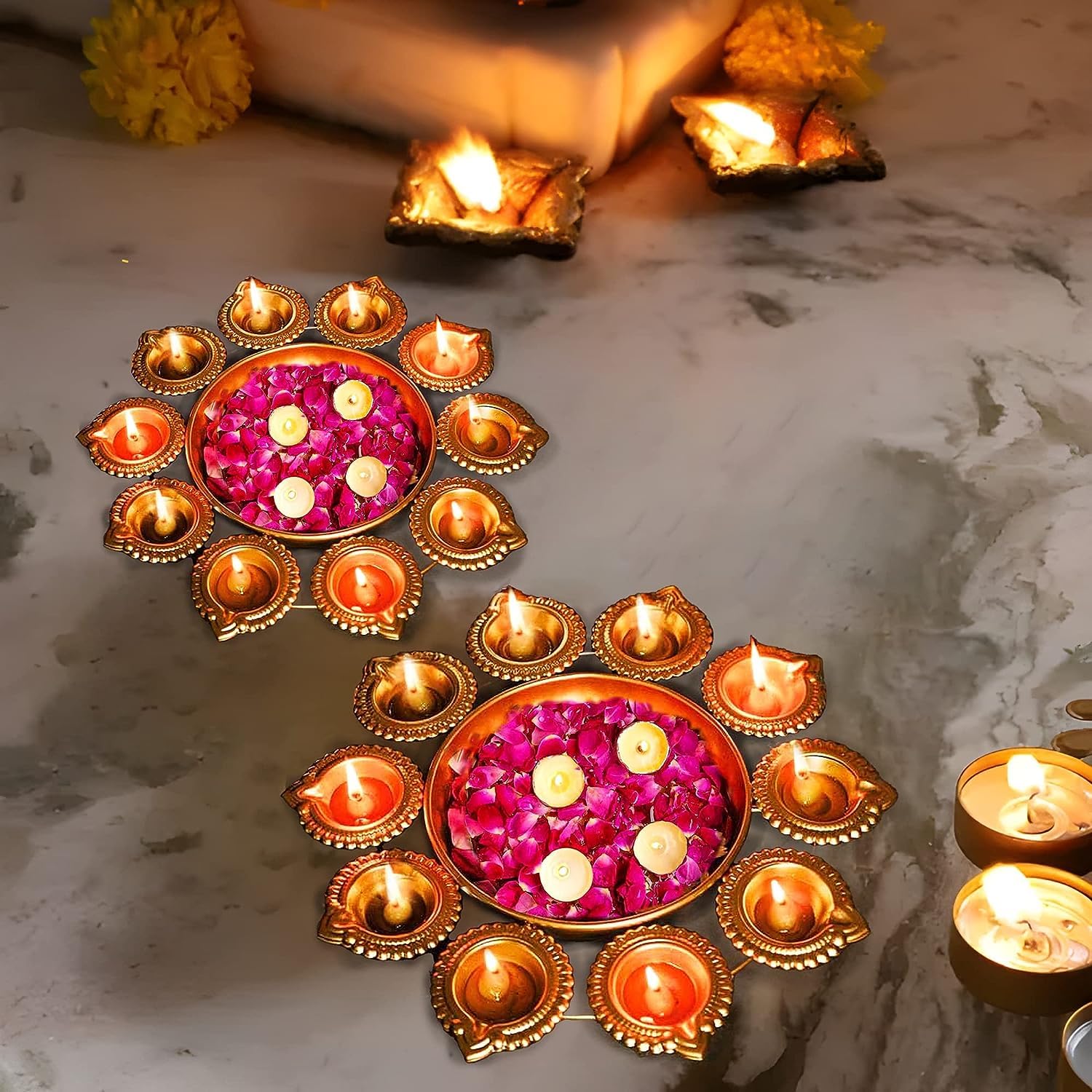 Glory Glorious Diya Shape Flower Decorative Urli Bowl for Home Floating Flowers and Tea Light Candles Home,Office and Table Decor| Diwali Decoration Items for Home (2 of Pack 10,12 inches)