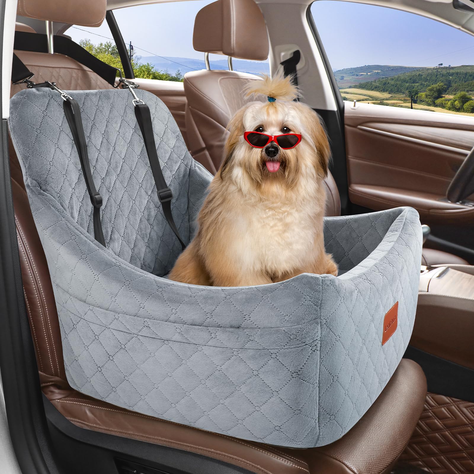 Lealchum Asiento de coche para perros medianos de hasta 35 libras, totalmente desmontable y lavable, fácil de instalar con correas ajustables, cama inferior antideslizante para mascotas, 2 bolsillos