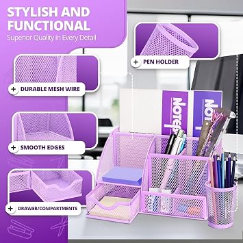 Flexzion Desk Caddy Organizer Set (Purple) - Metal Mesh Desktop Caddy with Drawers, 6 Compartments, and Pencil Holder for Women & Men - Desktop Organizer and Storage for Work or Office Supplies