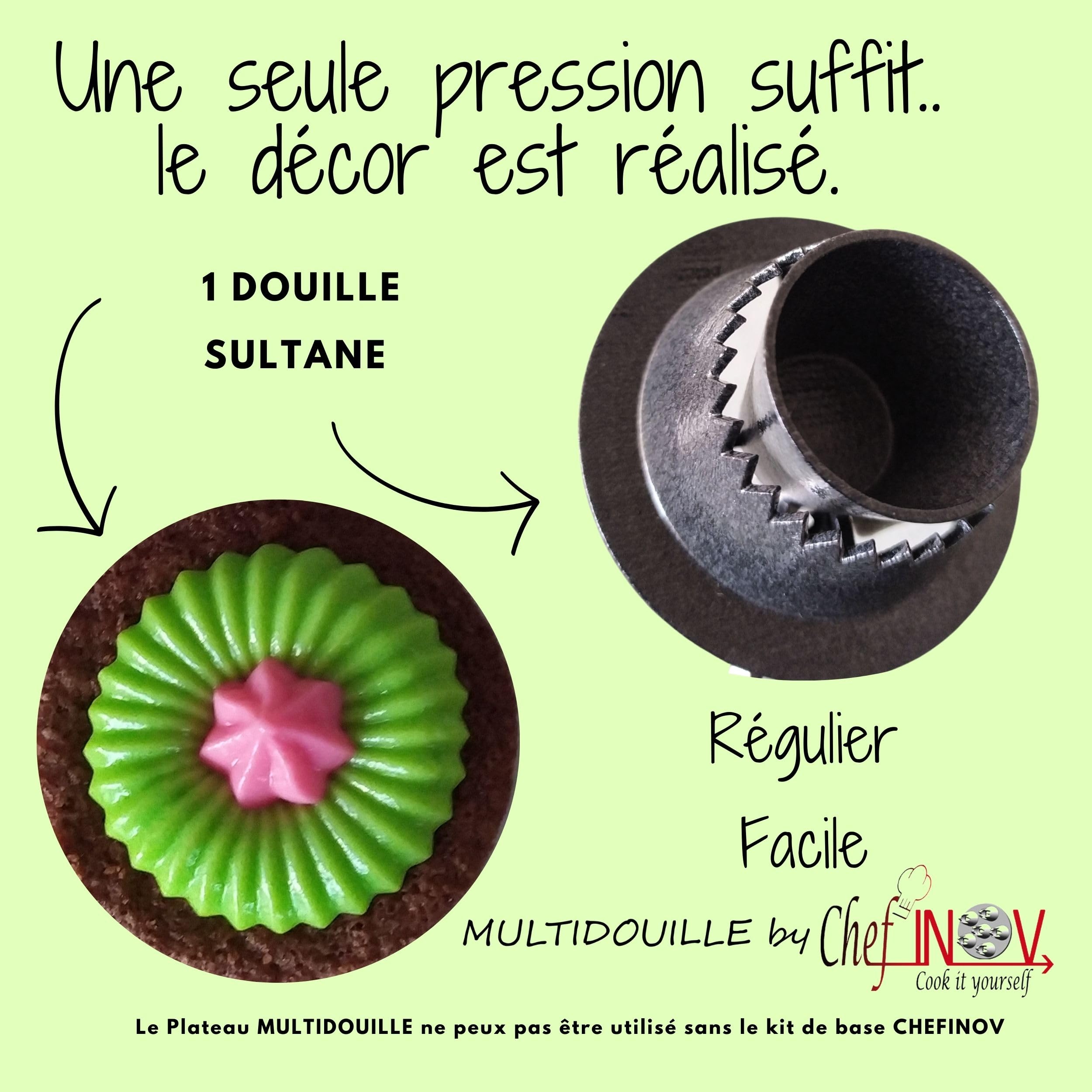 Coffret Multidouille Chefinov - 3 Plateaux P'tit Chef - Douilles pâtisserie unies, cannelées, sultane - Une seule pression le décor est réalisé.