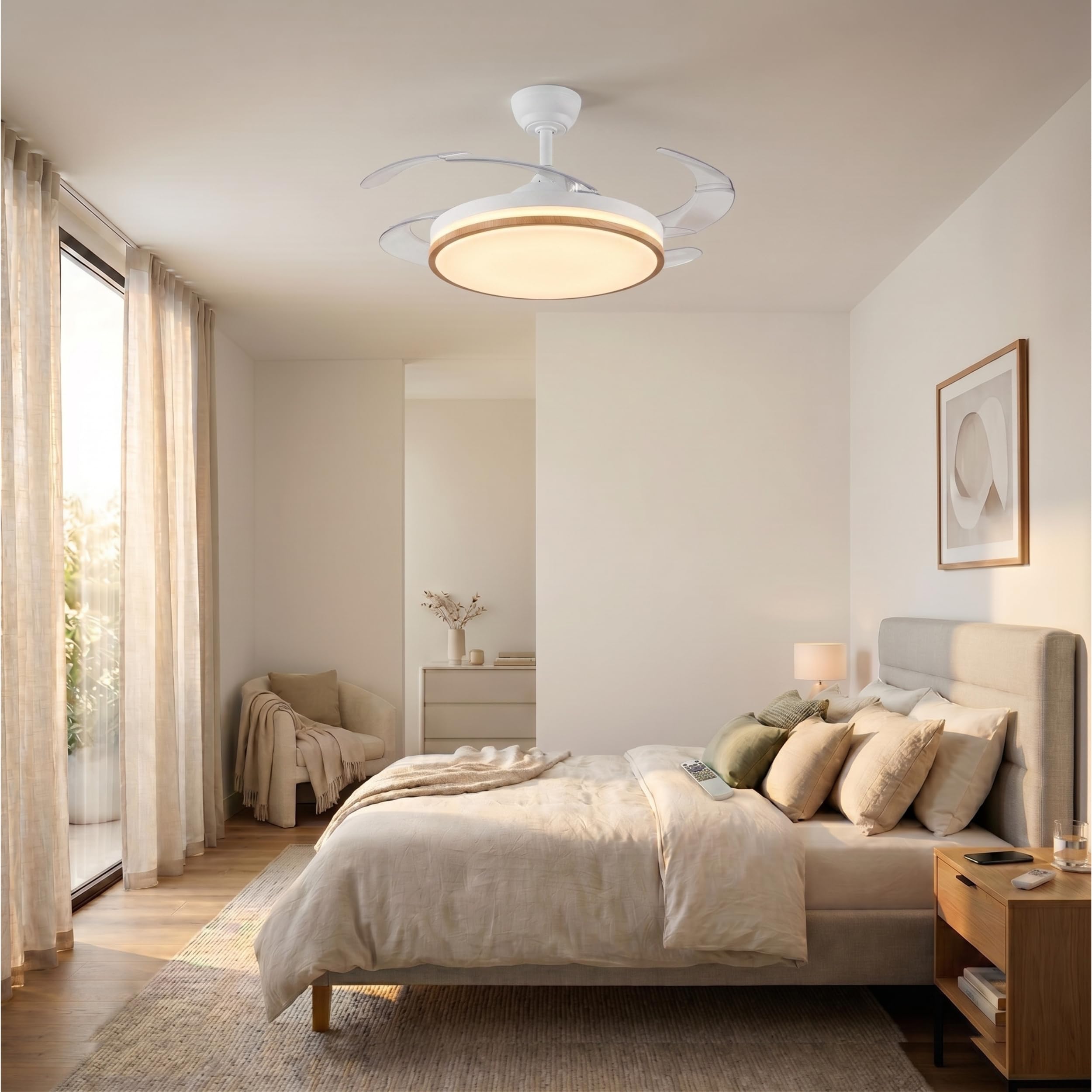 YATEK Rubia Ventilatore da Soffitto con Luce LED 60W, Bianco e Effetto Faggio, 6980 Lumen, Motore DC Silenzioso, Pale Retrattile, 6 velocità, Telecomando, Illuminazione Dimmerabile, Funzione Estata