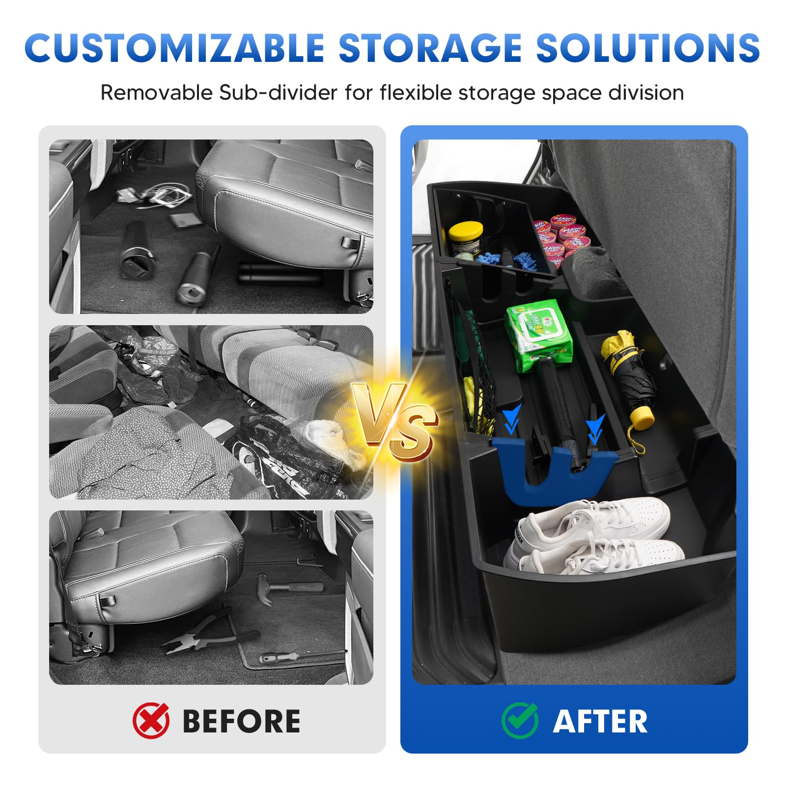 Detachable Under Seat Storage for 2019-2025 2026 Chevy Silverado/GMC Sierra 1500 2500HD 3500HD, Durable ABS Rear Underseat Organizer Box 6PCS Kit with Mesh Pocket & Inner Bin, Silverado Accessories - 3