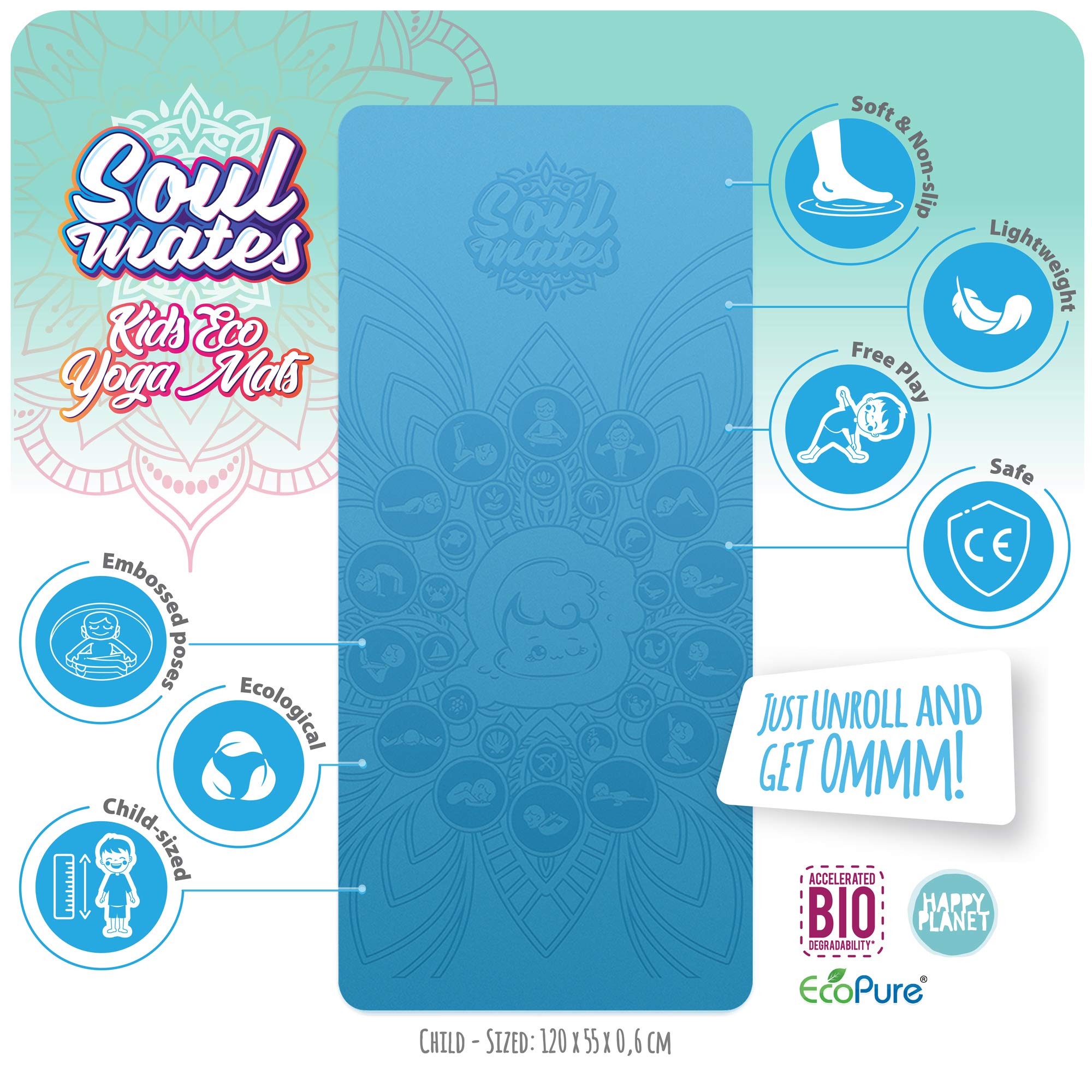 Soul Mate Tapis de yoga et de pilates léger pour enfants, antidérapant, matériau TPE écologique, pliable, idéal pour les enfants (120 x 55 x 0,6 cm et poids 300 g)