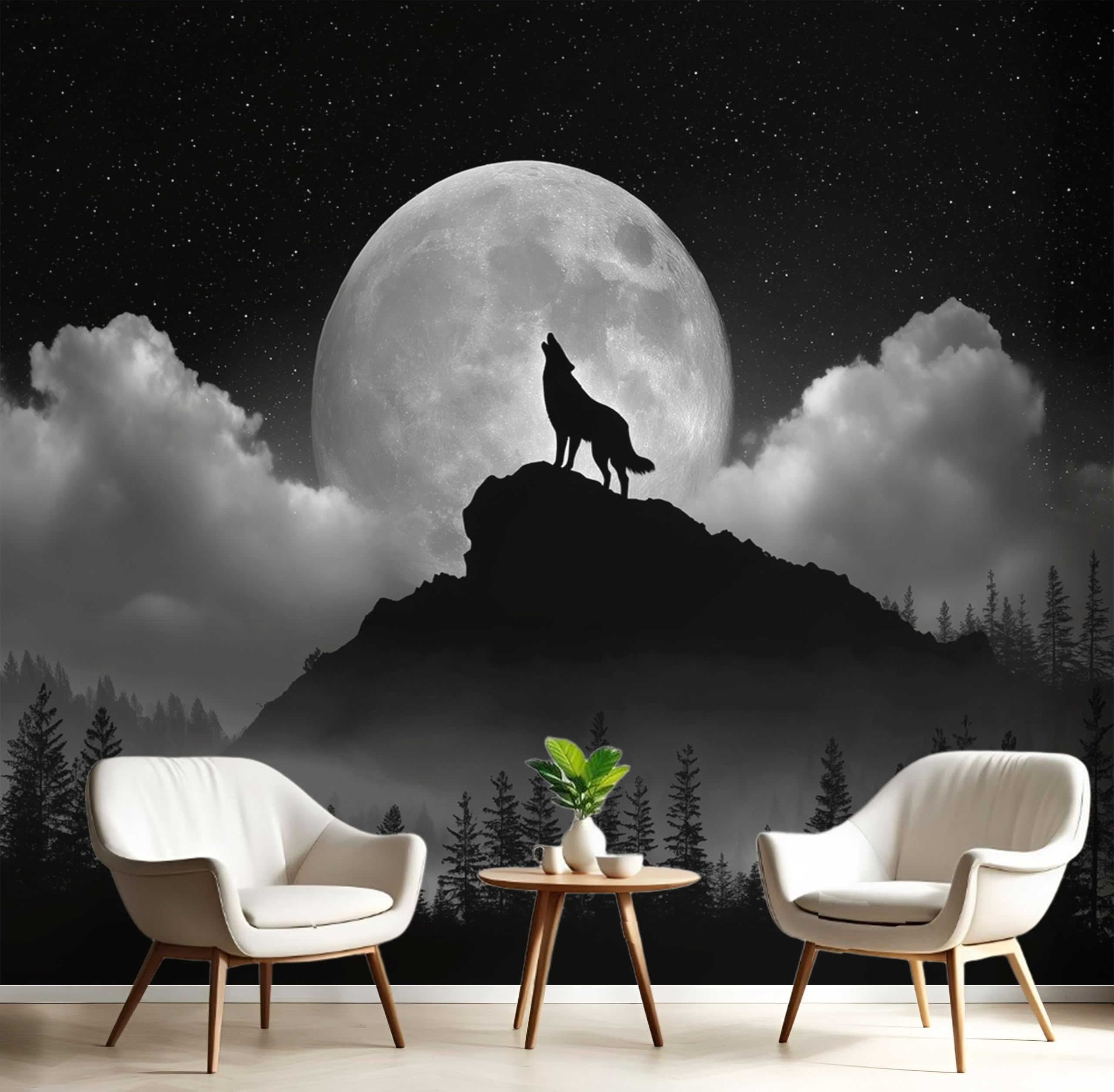 Papier peint loup gris forêt pour chambre d'enfant apaisante