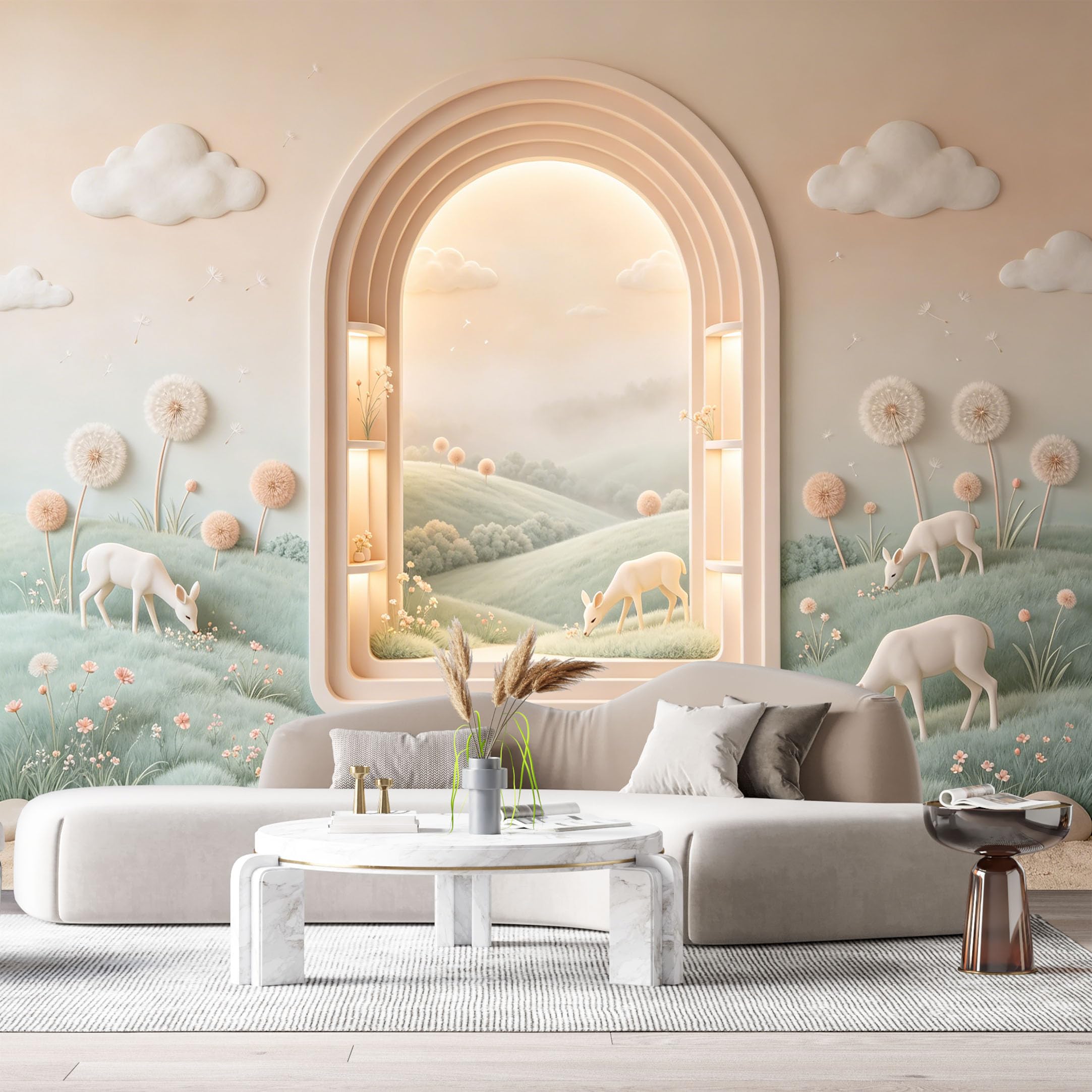 Custom Size Wall Murals White Fawn Landscape Minimalist 3D Trompe L'Oeil SelfAdhesiveWall Fabric Removable Wallpaper Wall Decor for Living Room Bedroom Bathroom