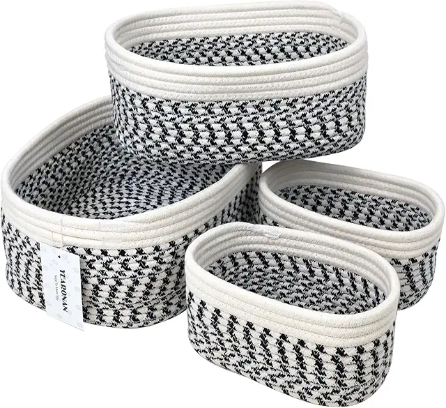 Yearonan Storage Baskets: 4-Pack Natural Cotton Yarn Washable Decorative Baskets (Black + White)