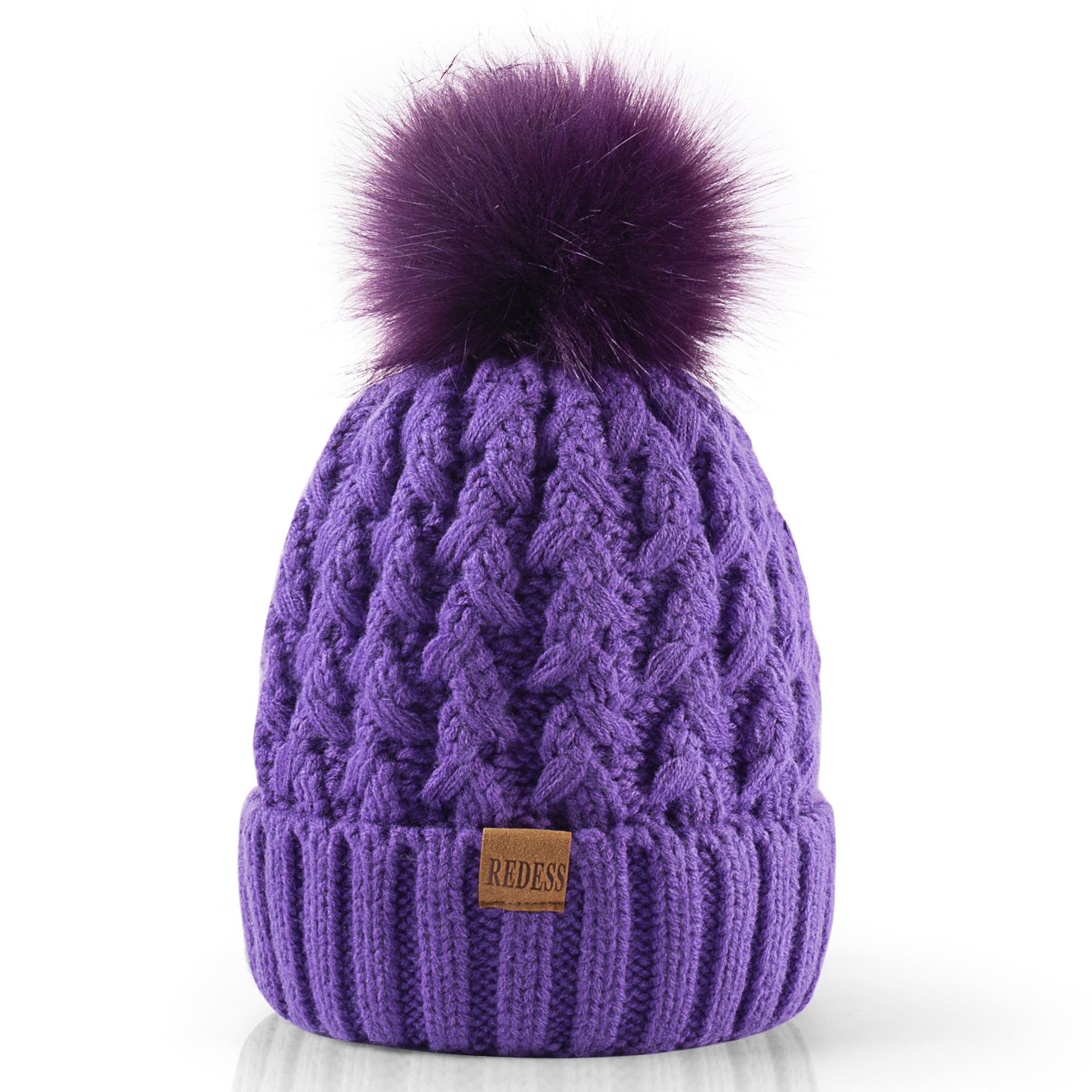 REDESS Cappello Invernale da Donna con Pompon con Pompon Cappelli Caldi Foderati in Pile, Berretto Incrociato in Maglia di Neve Spessa e Morbida per Le Signore