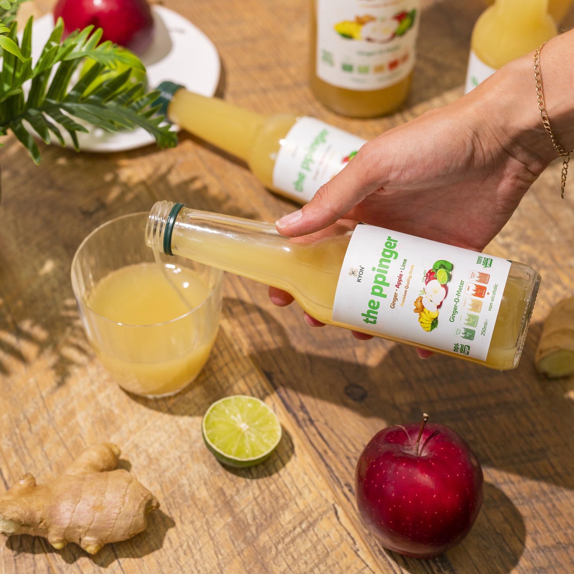 Bevanda Kyon Ppinger - Succo di zenzero con mela, lime e fiori di sambuco, 250 ml, bevanda rinfrescante e analcolica allo zenzero, disponibile in confezioni da 24