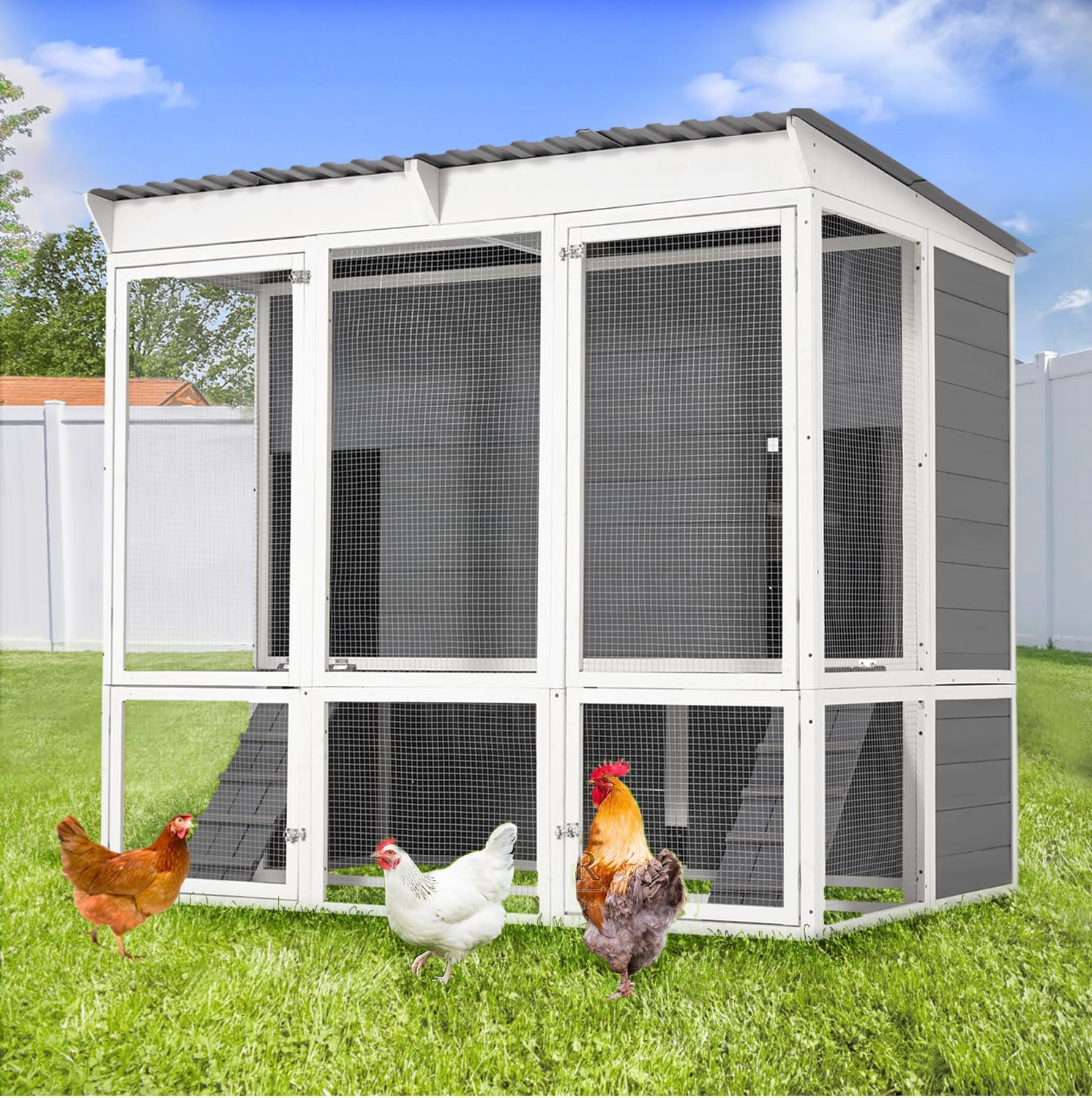 AECOJOY 67'' Extra Large Chicken Coop with Run - Wood Hen House, 4 Nesting Boxes, Roost for 8-10 Chickens, Predator-Proof Backyard Poultry Cage