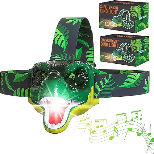 Skywin Faros delanteros para niños, paquete de 2, 2.8 x 2.9 x 2.7 pulgadas, linterna de dinosaurio para niños, boca de apretar para cambiar, lámpara