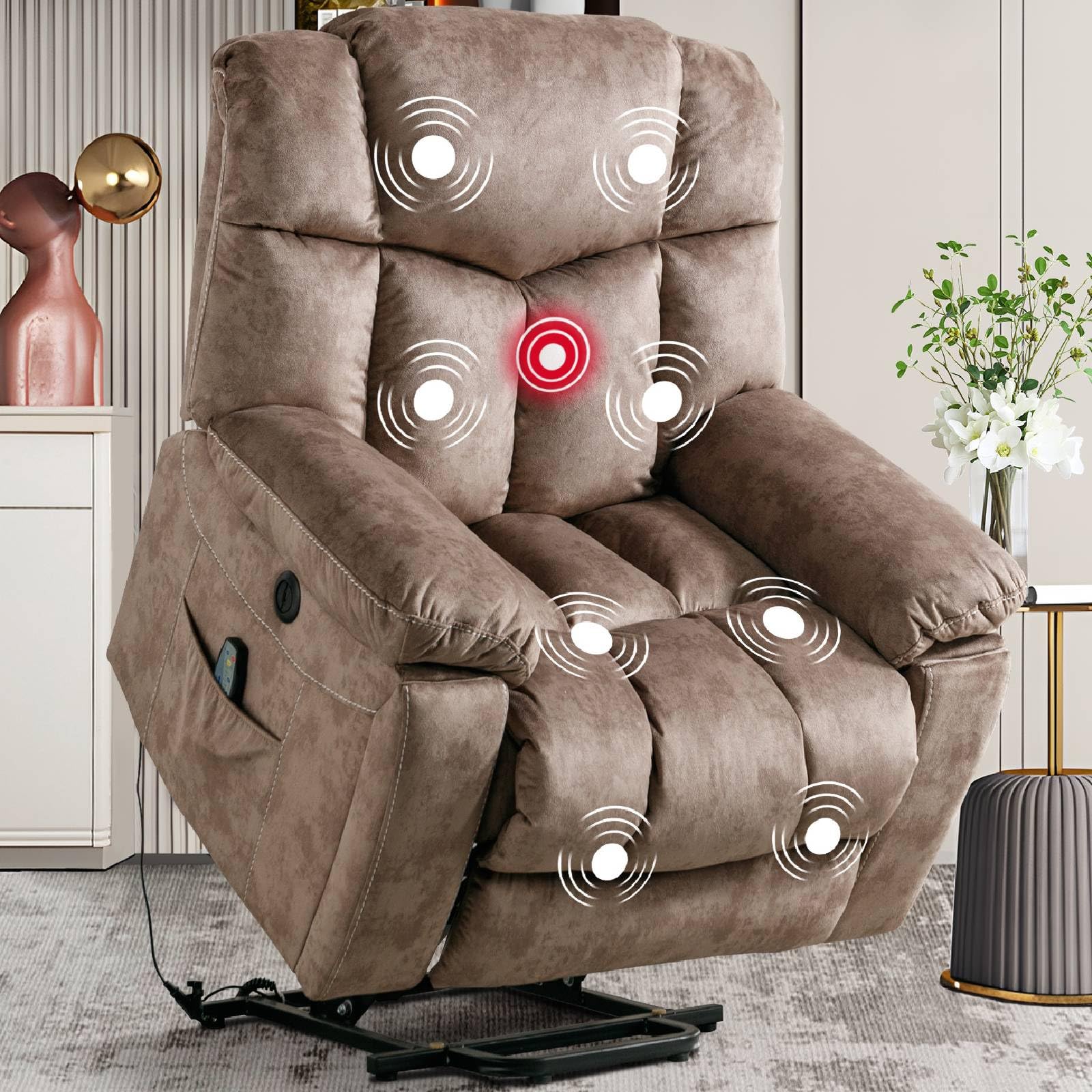 CANMOV Large Power Lift Recliner Chair for Elderly, Massage and Heated Lift Chair for Seniors Big and Tall People, Fabric Reclining Chair with Concealed Cup Holders, Side Pocket, USB Port (Camel)(box 1 of 2)