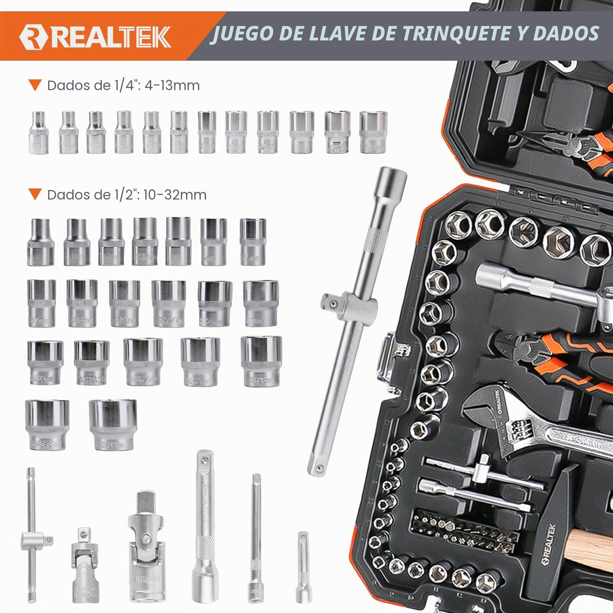 REALTEK Caja Herramientas Completa 100 Piezas Maletin Herramientas Portátil | con Juego de Llaves de Trinquete Juego, destornilladores, Alicates, para Reparaciones Domésticas y Automotrices, CR-V