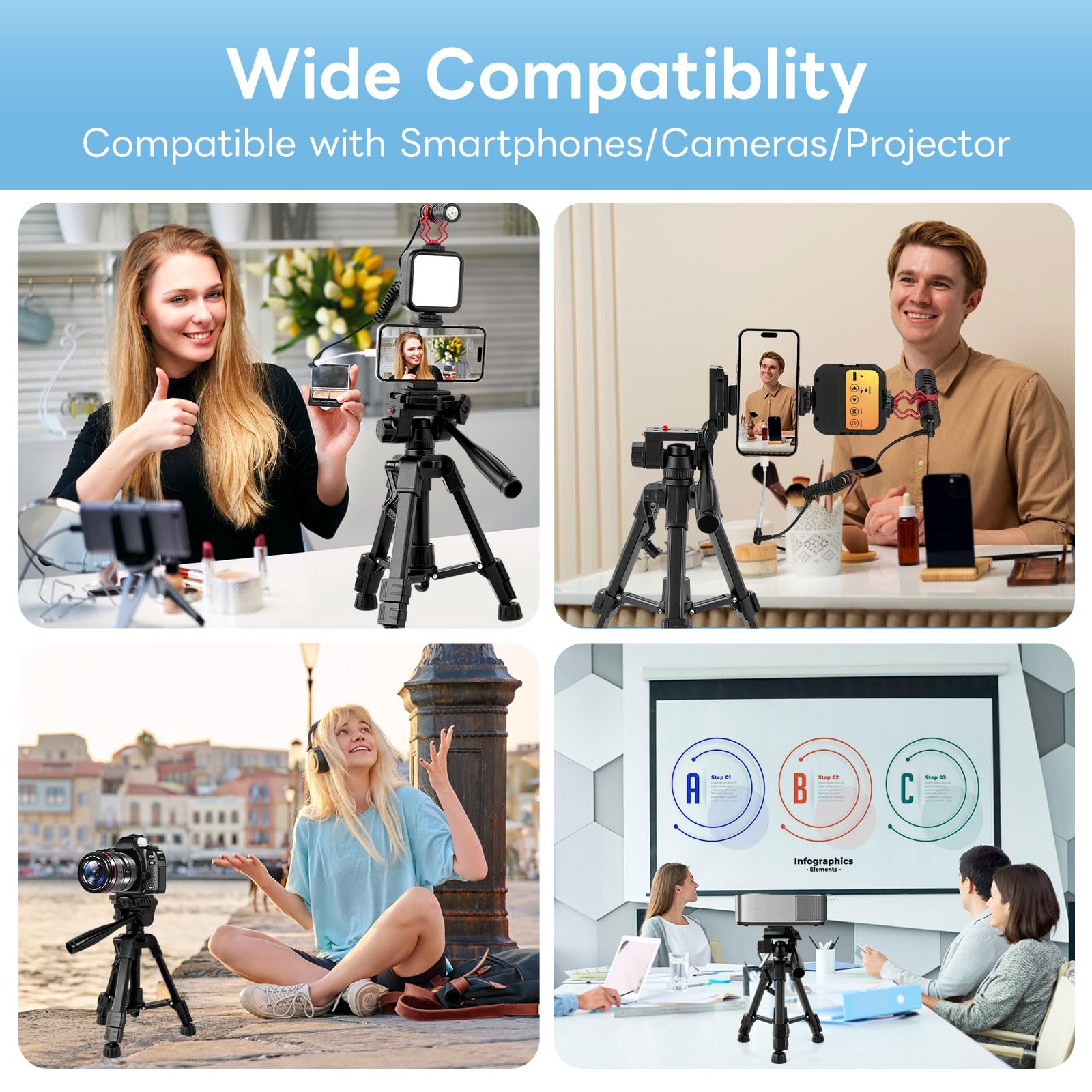 Kit per vlogging per iPhone e Android, compatibile con YouTube Starter Kit con luce LED ricaricabile + microfono + clip per telefono + treppiede in alluminio per Vlogging Instagram TikTok