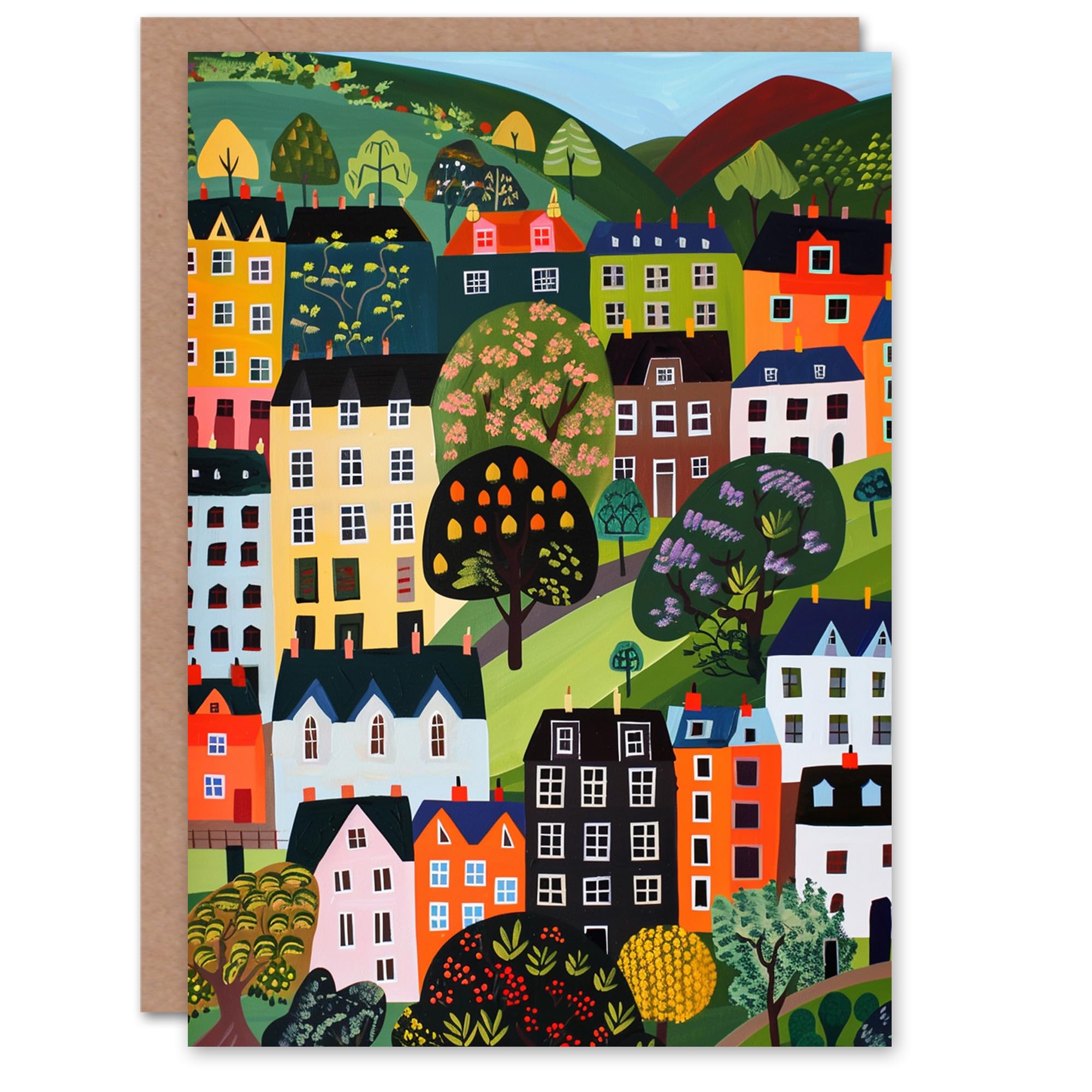 Artery8 Birthday Card Colourful Country Village Folk Art Painting For Her Gran Sister Niece Daughter Wife Woman Greeting Card