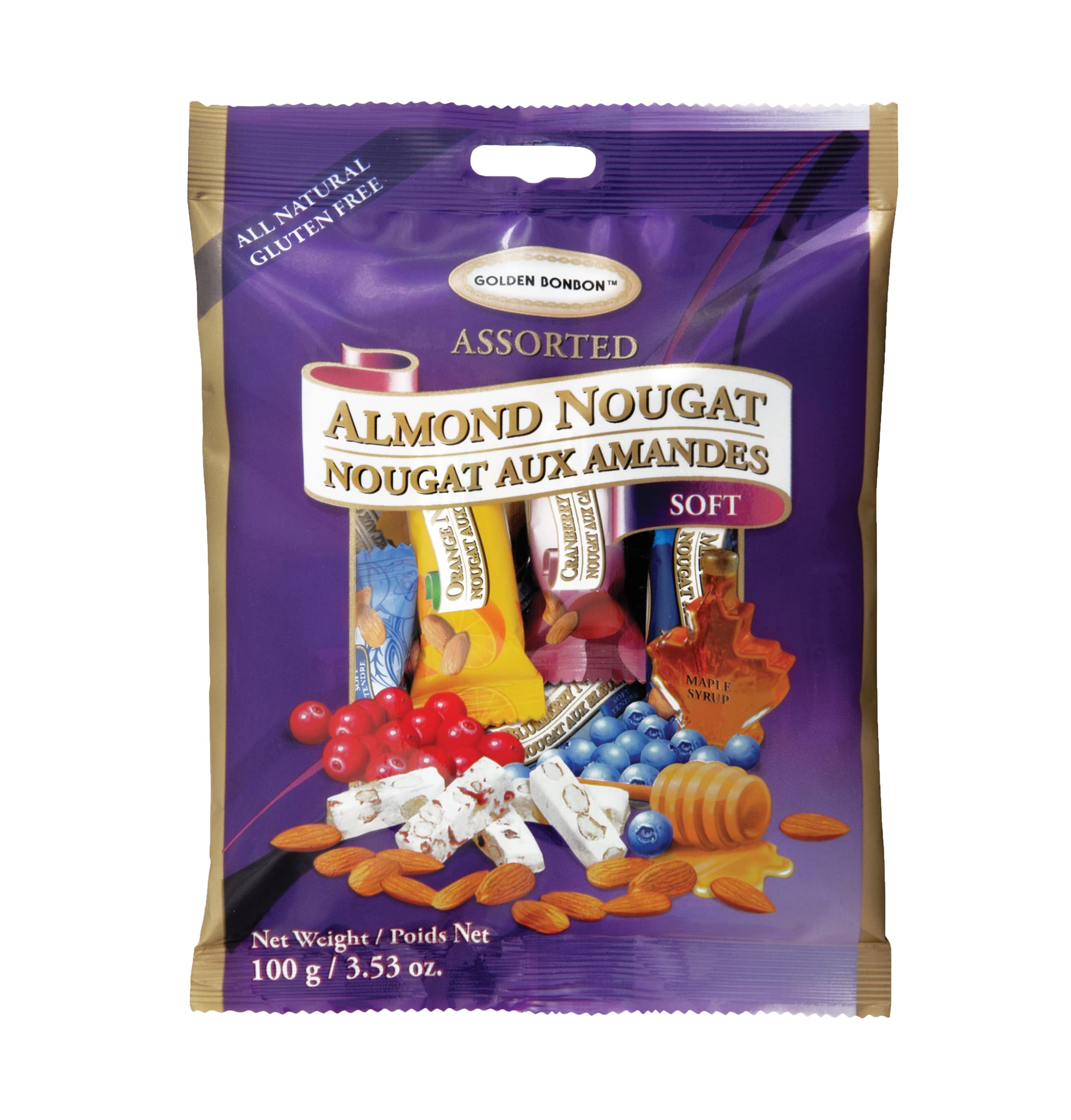 Golden BonbonAssorted Soft Almond Nougat Candy - Soft & Chewy Bonbons, All-Natural, Gluten-Free, Halal Certified, No Artificial Flavors, Made with Real Almonds, Variety Pack in 6 Flavors (Almond, Maple, Cranberry, Blueberry, Orange, Matcha Green Tea), 3.53 oz