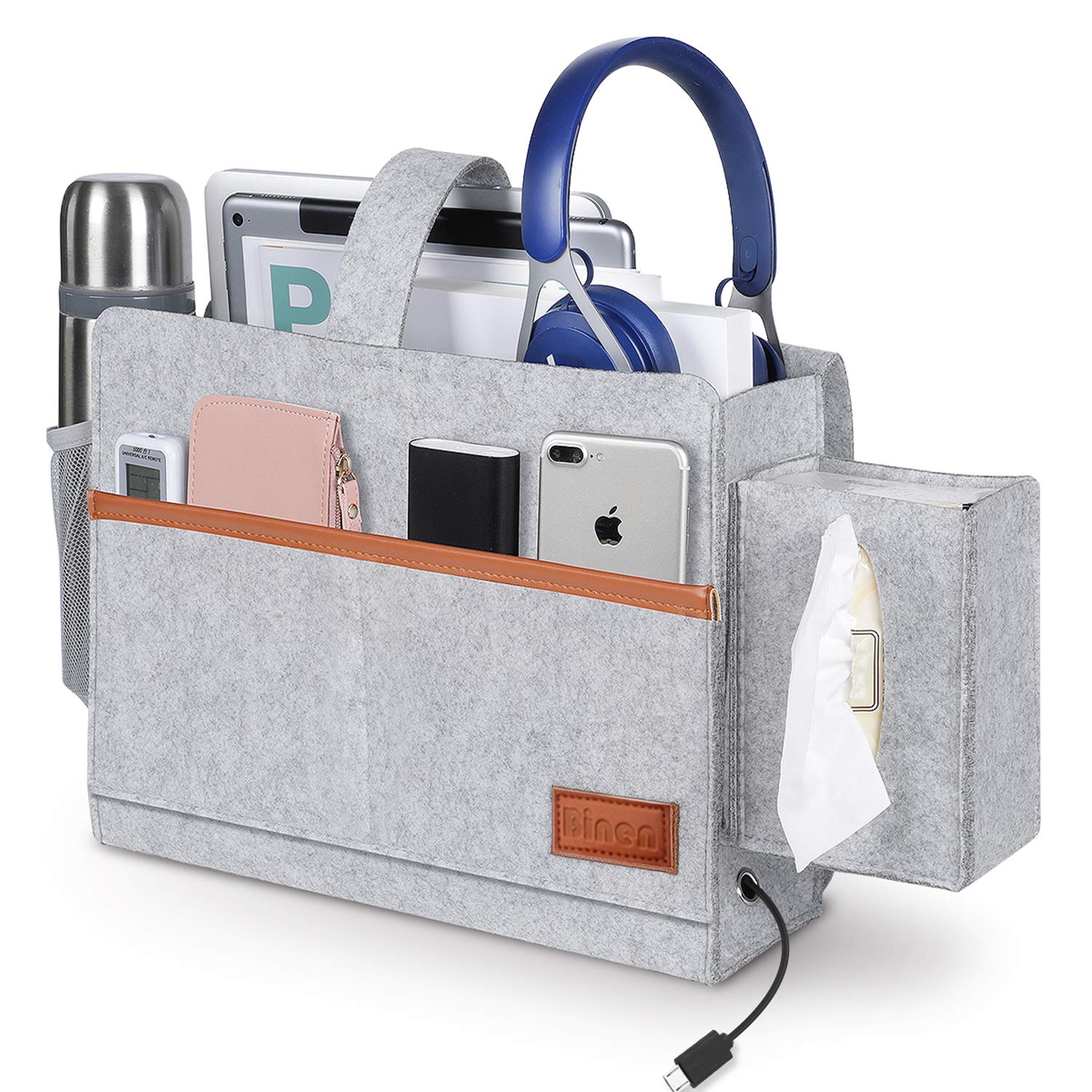 Felt Bedside Organizer Bed Storage Caddy with Tissue Box and Bottle Holder Magazine Phone Tablet Remote Chargers Bedside Caddy for Home College Dorm Bed Rails, Sofa, Bunk Beds