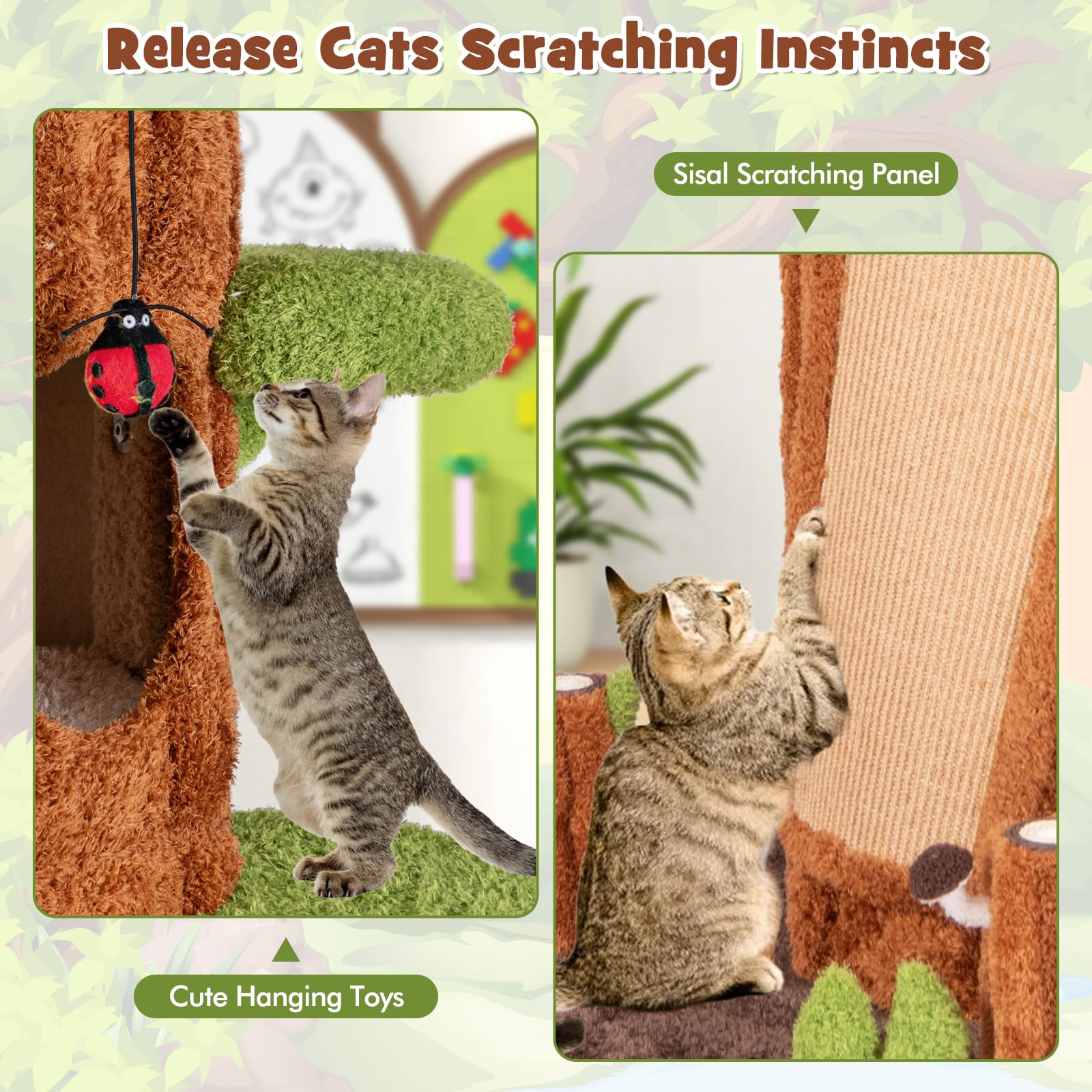 PETSITE 90.5 Inch Tall Cat Tree, Tree-Like Modern Cat Tower with Sisal Scratching Pad, Five Cat Condos, Multiple Jumping Platforms, Cute Hanging and Spring Toys, Large Cat Tree Tower for Indoor Cats