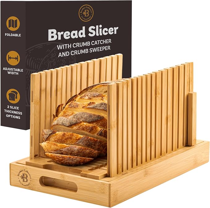 Bread Slicer for Homemade Bread - BAMBUSI New Upgrade Bamboo Bread Cutter with Adjustable Width, Foldable Compact Slicing Guide and Crumb Tray - Bread Cutter for Loaf, Cake, Bagels - Gift for Bakers