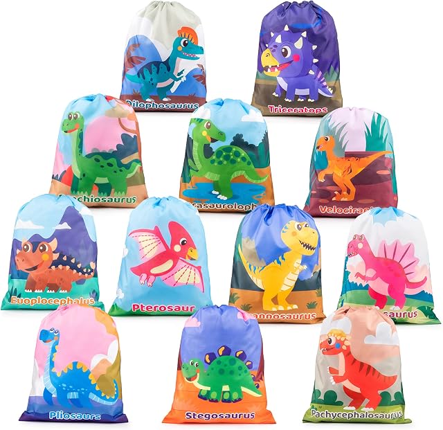 Mocoosy 12 Pack Dinosaur Party Bags Drawstring Backpacks, Reusable Dinosaur Drawstring Bags for Kids Party Gift Bags, Dino Goodie Candy Treat Bags for Boys Girls Dinosaur Theme Birthday Party Supplies