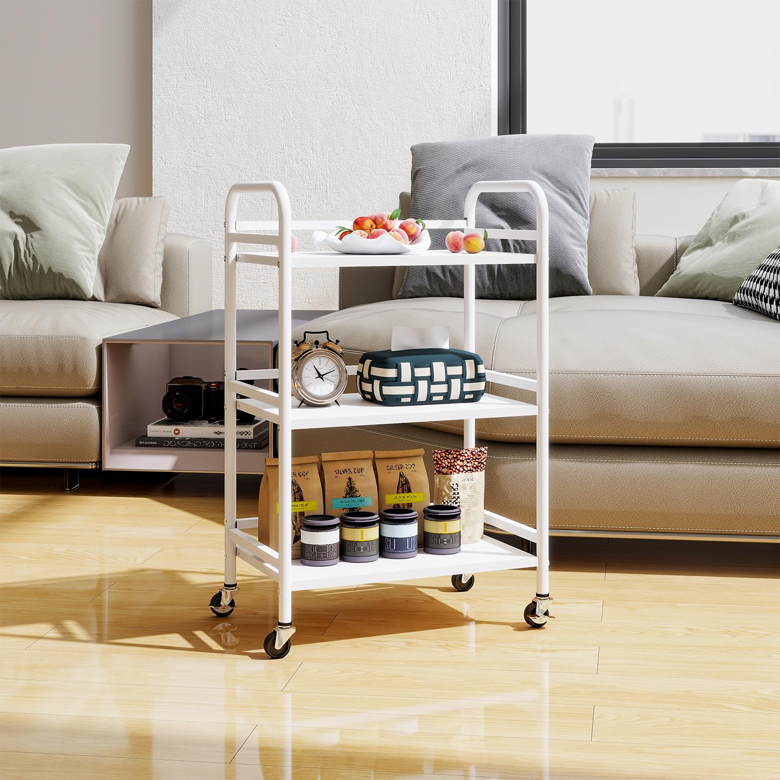 HDANI Carrello su ruote,Carrello Portaoggetti Metallico Con 3 Ripiani Carrello Organizer Con Ruote,Per Cucina,Trucco,Bagno,Ufficio,48×30×75cm,Bianco