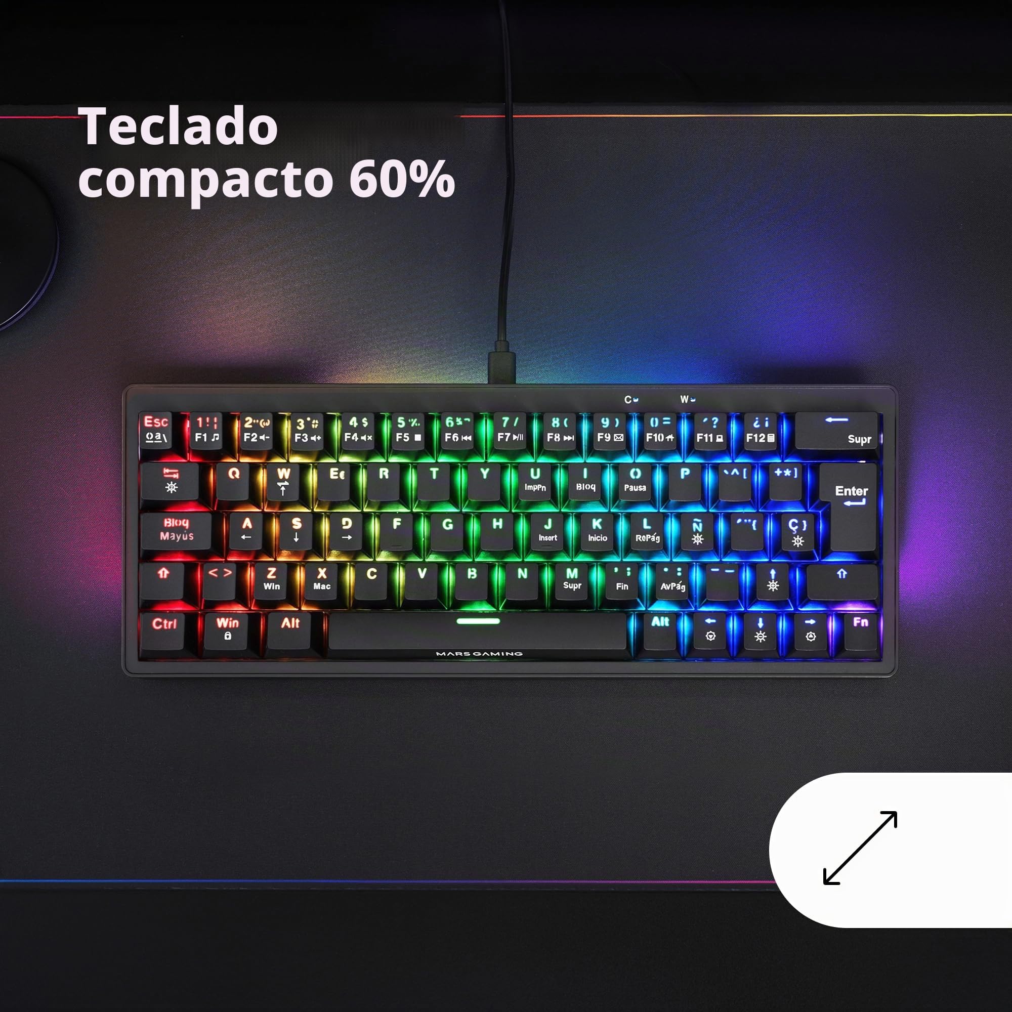 Mars Gaming MKMINIPRO, US, Teclado Mecánico Compacto 60%, Switches Mecánicos Hot-Swappable, Iluminación RGB Chroma, Teclado Gaming Antighosting, Multiplataforma, Switch Marrón, Negro