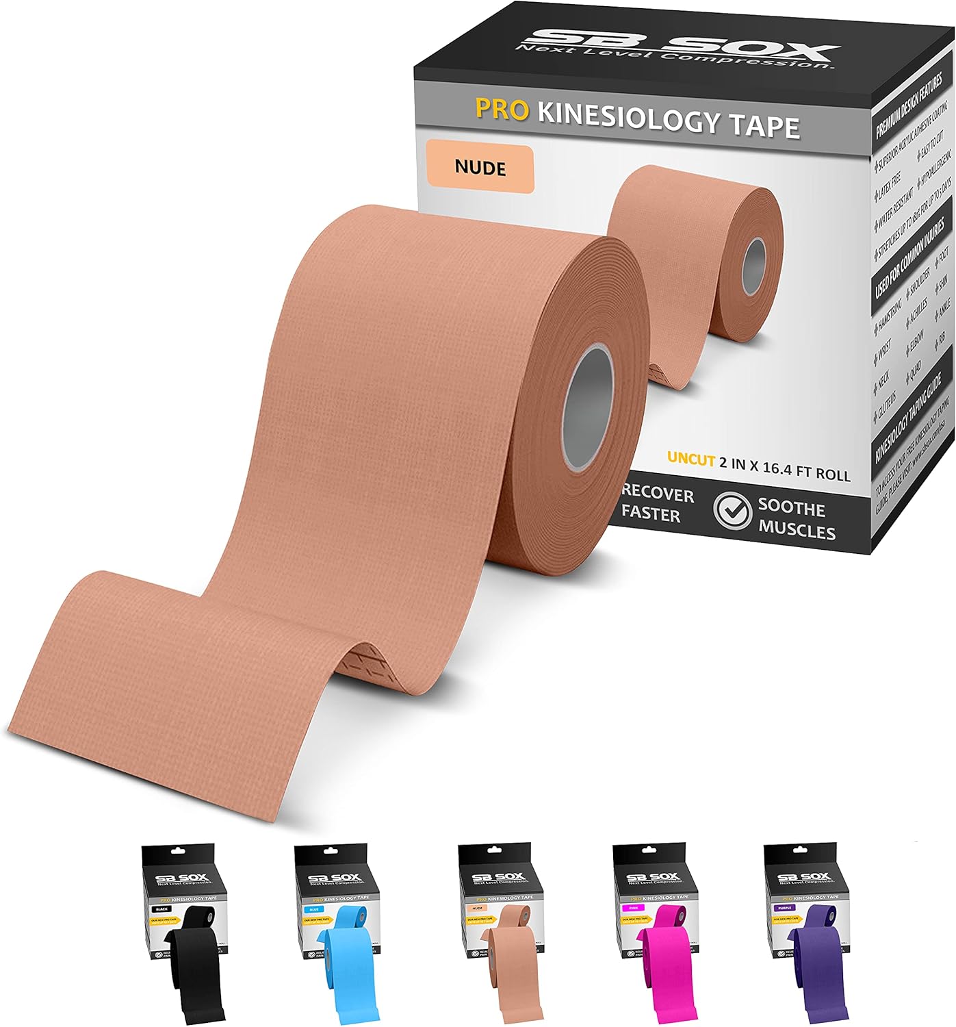SB SOX Pro Synthetic Kinesiology Tape (Precut & Uncut Options) – Longer Lasting Performance Fabric Option to Our Original Cotton Kinesiology Tape - Also Latex Free, Water Resistant! (Nude - Uncut) : Health & Household