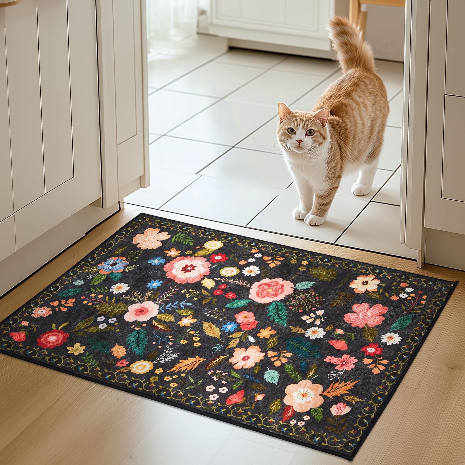 Puremy Door Mats Indoor, Washable Soft Doormats, Small Floral Printed Entrance Mat Ultra Thin Boho Low-Pile Entry Rug for Bedroom Kitchen Hallway Kids Room Laundry, 66x100cm, Vintage Black — image 1