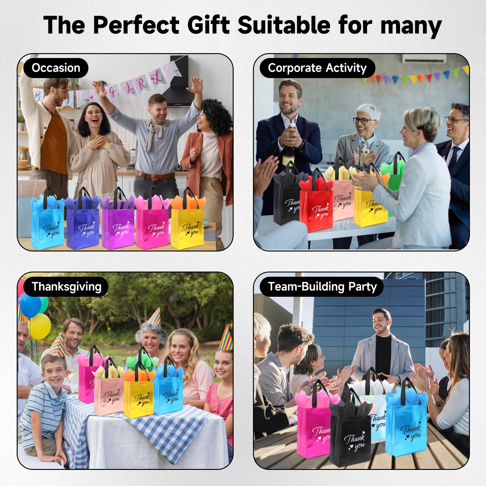 Addblu 60 Pcs Reusable Gift Bags with Handles - Includes 20 Thank You Gift Bags, 20 Tissue Papers, 20 Cardboard Bases for Employee Appreciation Gifts Bulk, Team, Staff, Teachers, Coworkers, Business (Mix Color, 20PCS)