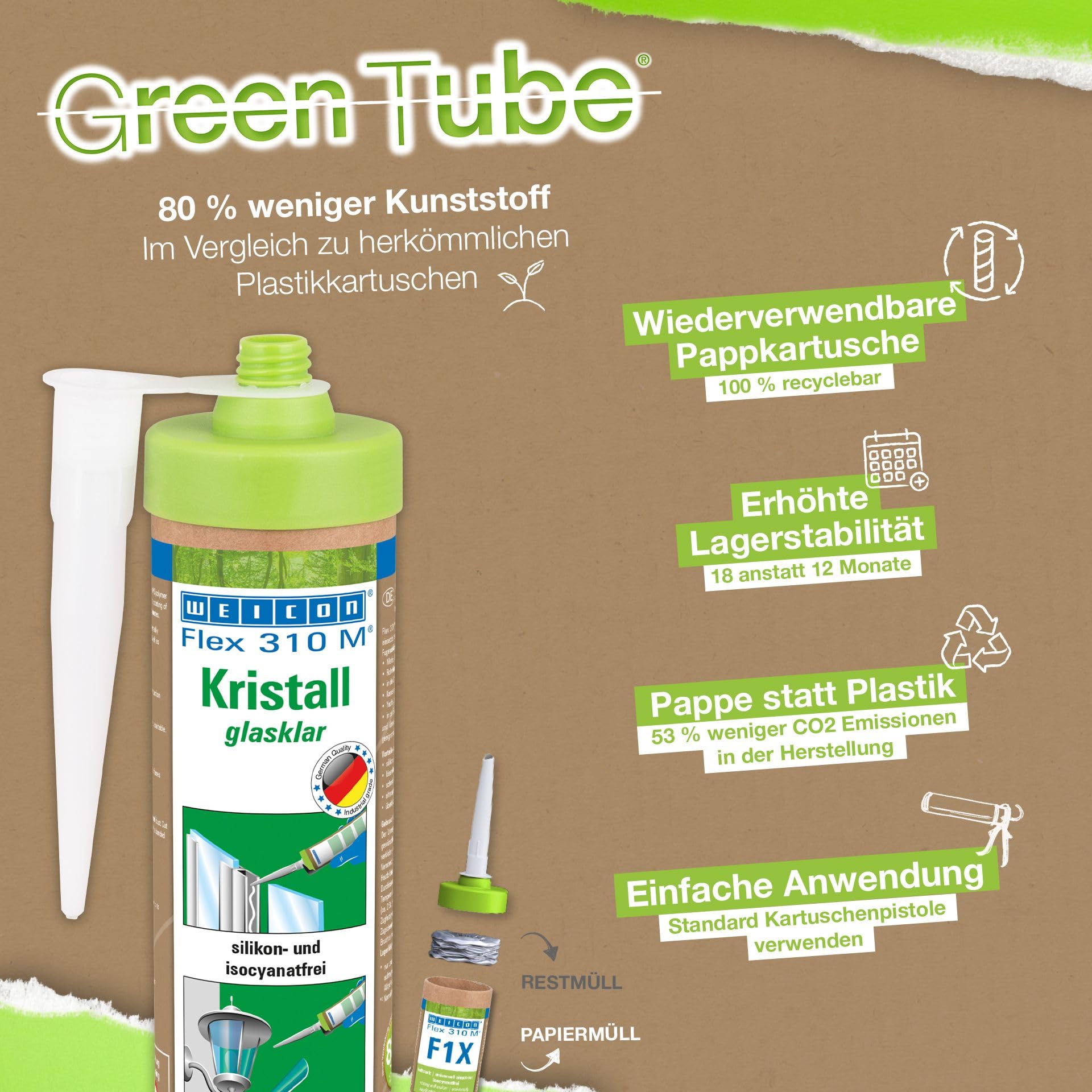 WEICON Green Tube Flex 310 M Kristall 280 ml, elastyczny, mocny klej i uszczelniacz na bazie polimeru MS, kartonowy wkład wielokrotnego użytku, zestaw 3 x 280 ml, kolor: bezbarwny (kryształ)