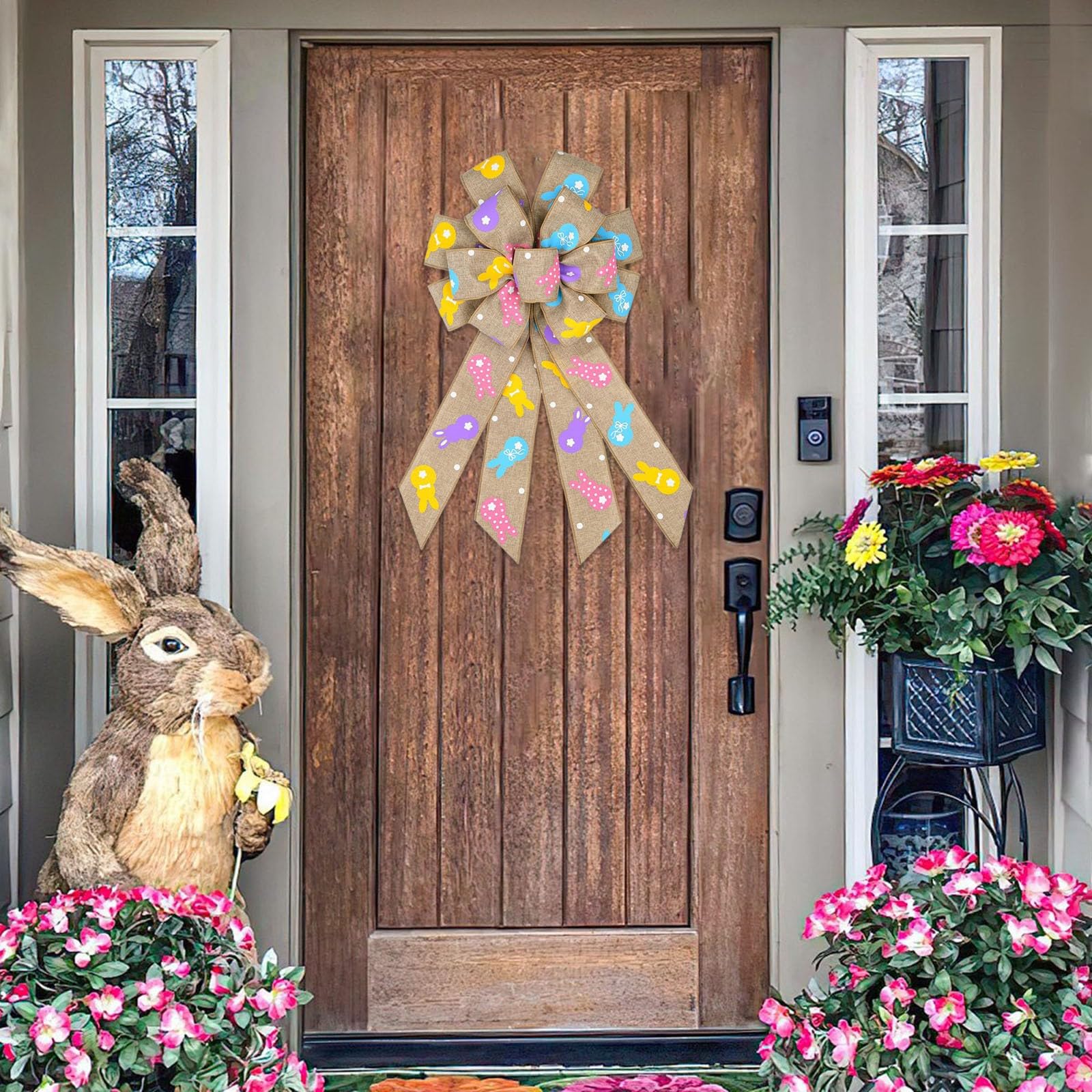 Large Easter Wreath Bows for Front Door Decorations, Easter Decorations Spring Easter Wreath Bows Bunnies Bows Easter Rabbits Pattern Ribbons Burlap Ornaments for Wrapped Garland Party Home Decor