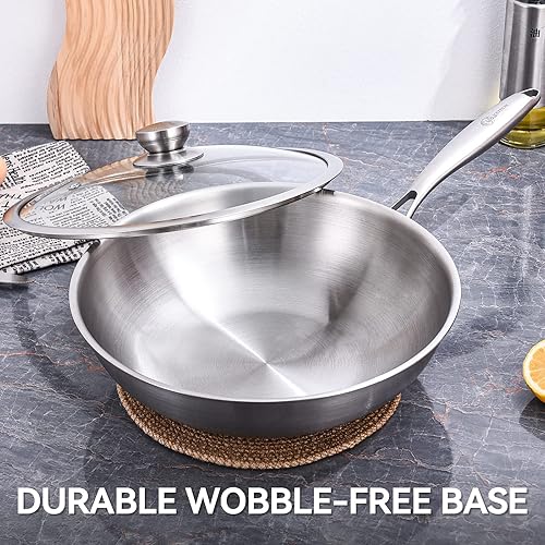 Miniatura 6 de LOLYKITCH Sartén Wok de Acero Inoxidable de 13 Pulgadas de Tres Capas con Tapa, Sartén para Saltear, Wok de Inducción, Apto para Lavavajillas y