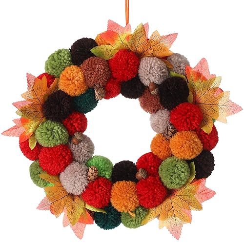 13 Inch Yarn Pom Pom Wreath for Front Door Colorful
