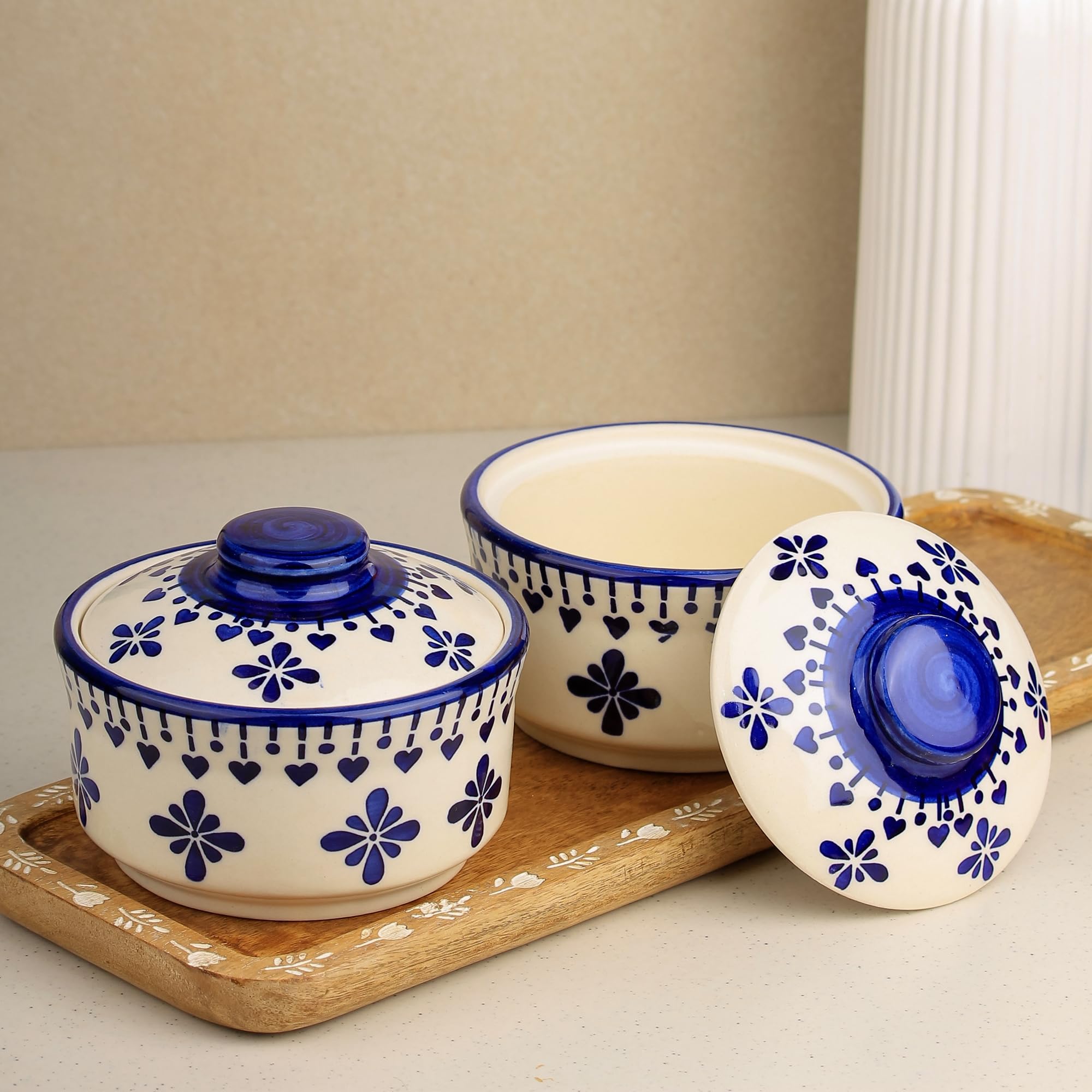 The Earth Store Blue Drape Multipurpose Ceramic Donga Set of 2, 500 ML Serving Bowls with Lids | Donga Set with Lid for Kitchen | Perfect for Gifting, Daily Use, Any Occasion