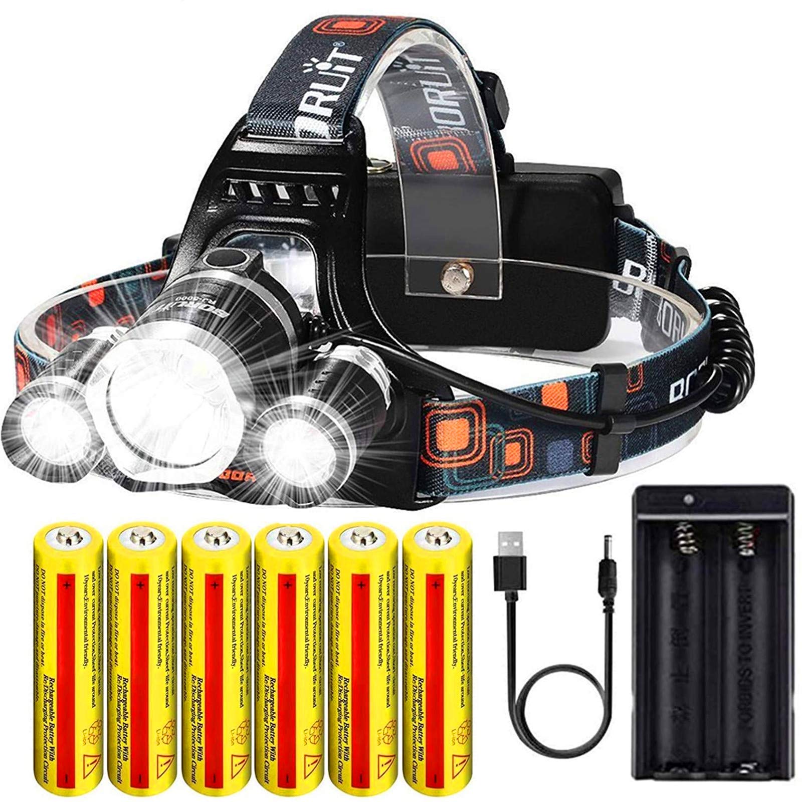 Brightest Rechargeable Headlamp 20000 Lumens, Waterproof Headlight Flashlight,Kit with 6PCS 3.7V High Capacity Rechargeable Battery+Batteries Charger+USB Cable,For Outdoor Sports Camping Running