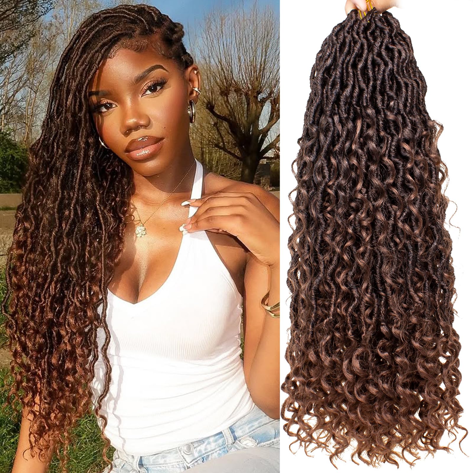 COOKOO Soft New Faux Locs Crochet Hair 18 Inch Ombre Golden Brown Boho Style Goddess Locs Crochet Hair for Women 8 Packs Pre-looped Crochet Braids